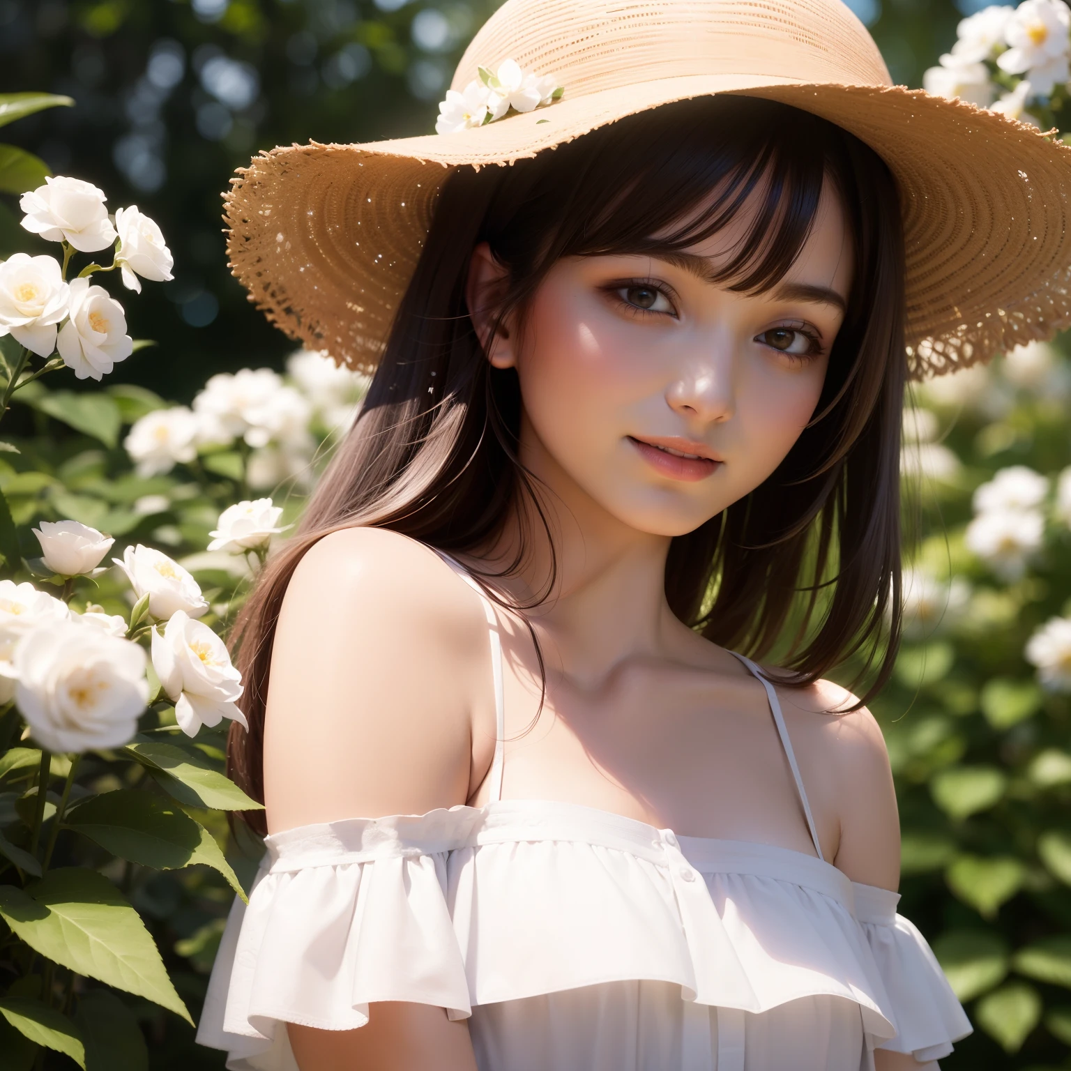 Best quality, masterpiece, ultra high res, (photorealistic:1.4), raw photo, 1girl, white dress, off shoulder, blossom flower field, glowing skin, light smile