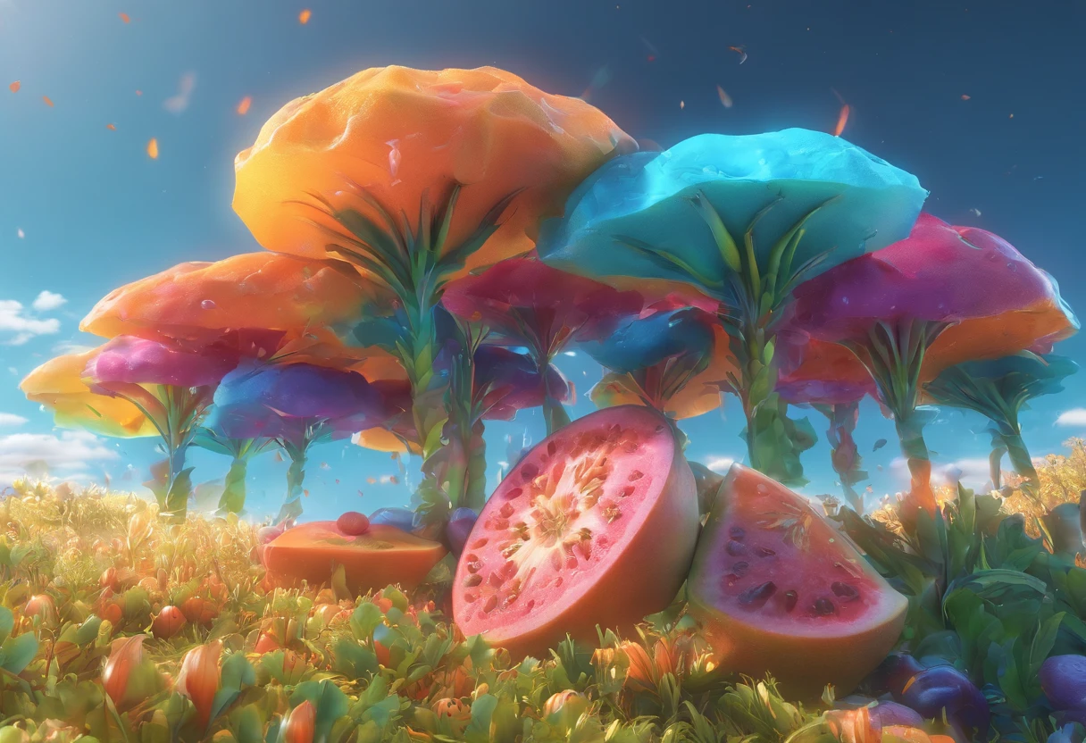 lluvia de fruta melocotones en un cielo azul
