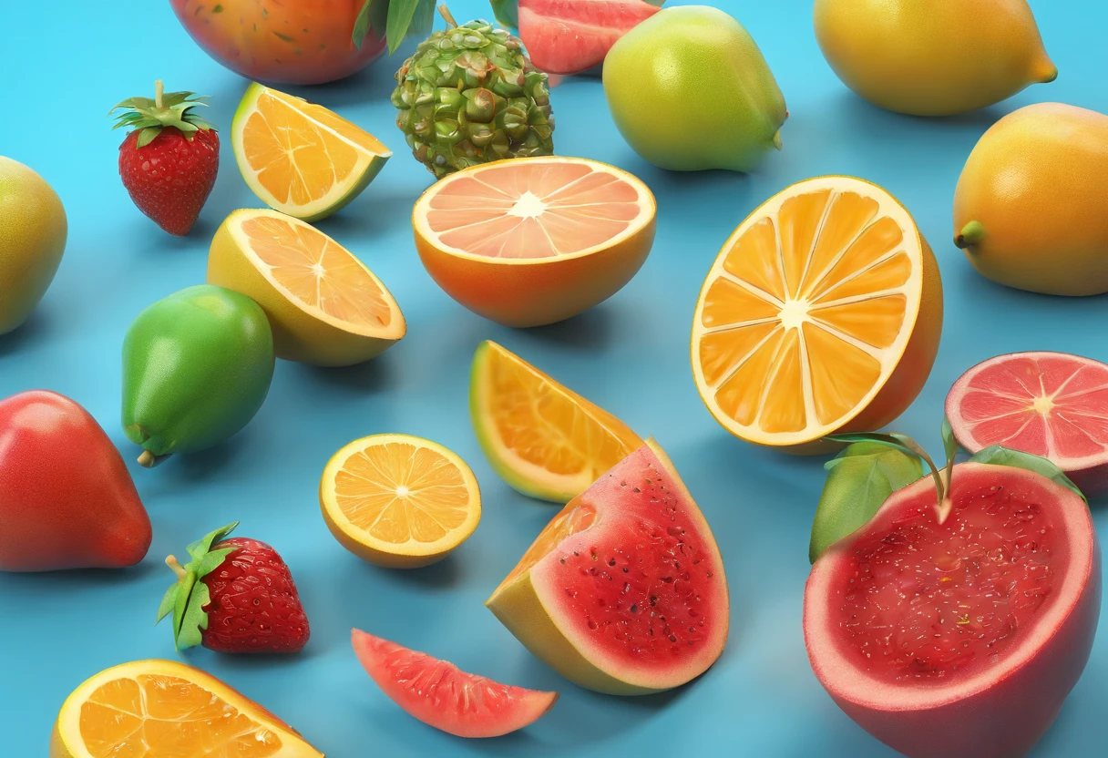 lluvia de fruta melocotones en un cielo azul