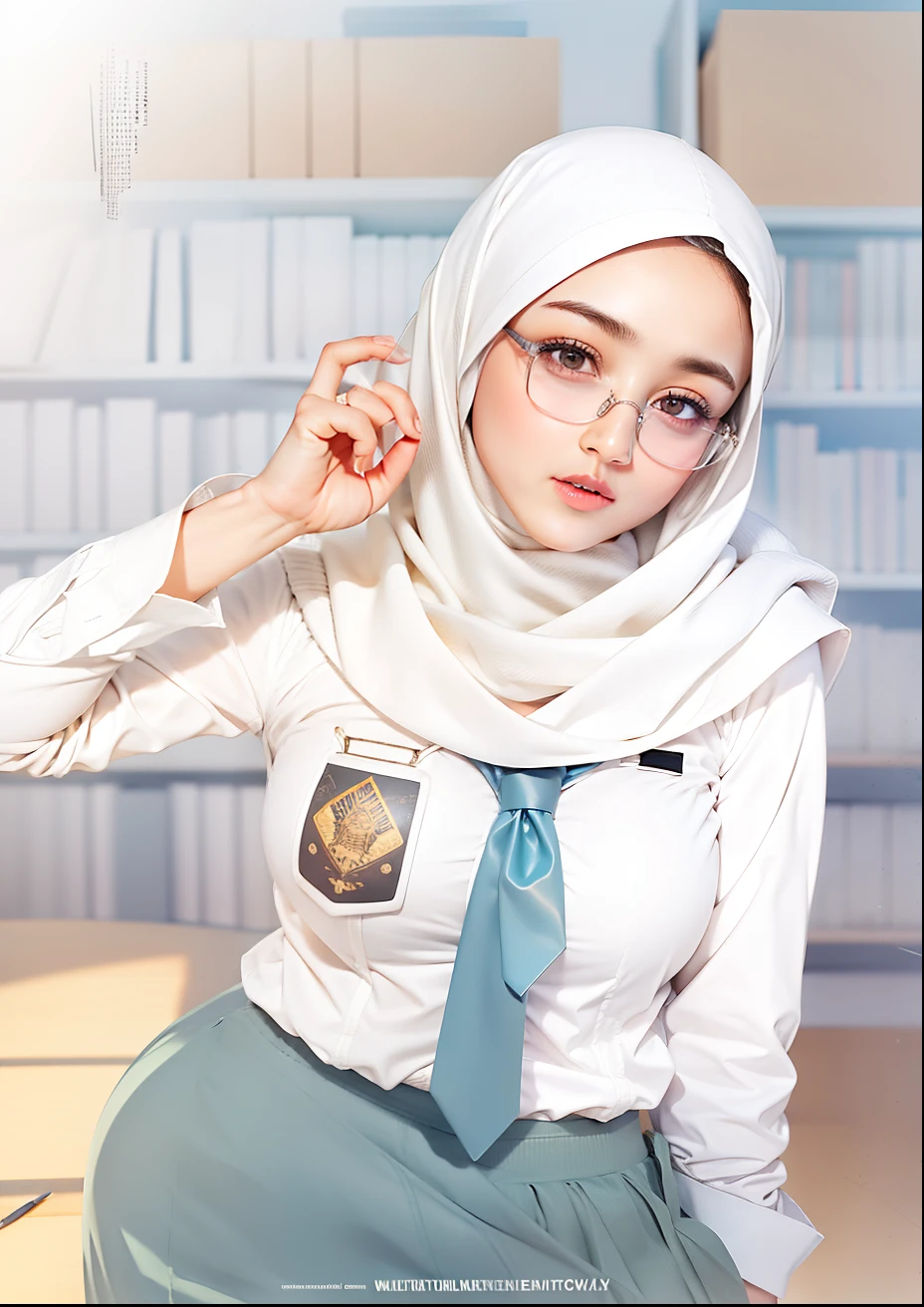 1girl, white hijab, white shirt pencil, necktie, skirt, glasses, realistic, ultra detail,