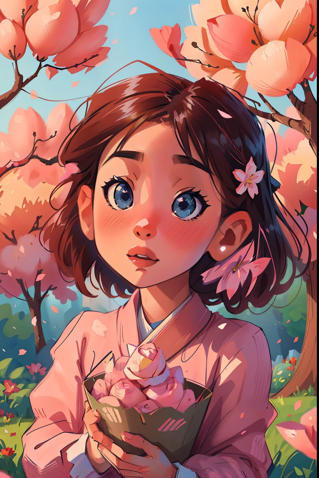 little girl Reiko,happiness,inspiration from anime,(best quality,4k,8k,highres,masterpiece:1.2),ultra-detailed,(realistic,photorealistic,photo-realistic:1.37),colorful,soft lighting,aesthetic vibe,beautiful detailed eyes,beautiful detailed lips,soft pastel colors,anime hairstyle,cute expression,sparkling eyes,kawaii outfit,flower hairpin,playful pose,sakura petals floating in the air,enchanting garden background,magical atmosphere