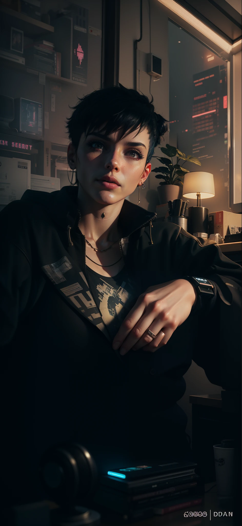 There is a computer desk with a monitor, Speakers & monitor, cyberpunk setting, cyberpunk atmosphere, Cyberpunk lighting, Cyberpunk interior, Cyberpunk bedroom at night, 3 d render beeple, In the room, Made in the style of cyberpunk, cyberpunk atmosphere, Bedroom for teenagers in cyberpunk style, cyberpunk with neon lighting, Cyberpunk Apartment, hyper realistic cyberpunk style, Muted cyberpunk style, Cyberpunk apartment, The door, Books, houseplants, The city outside the window