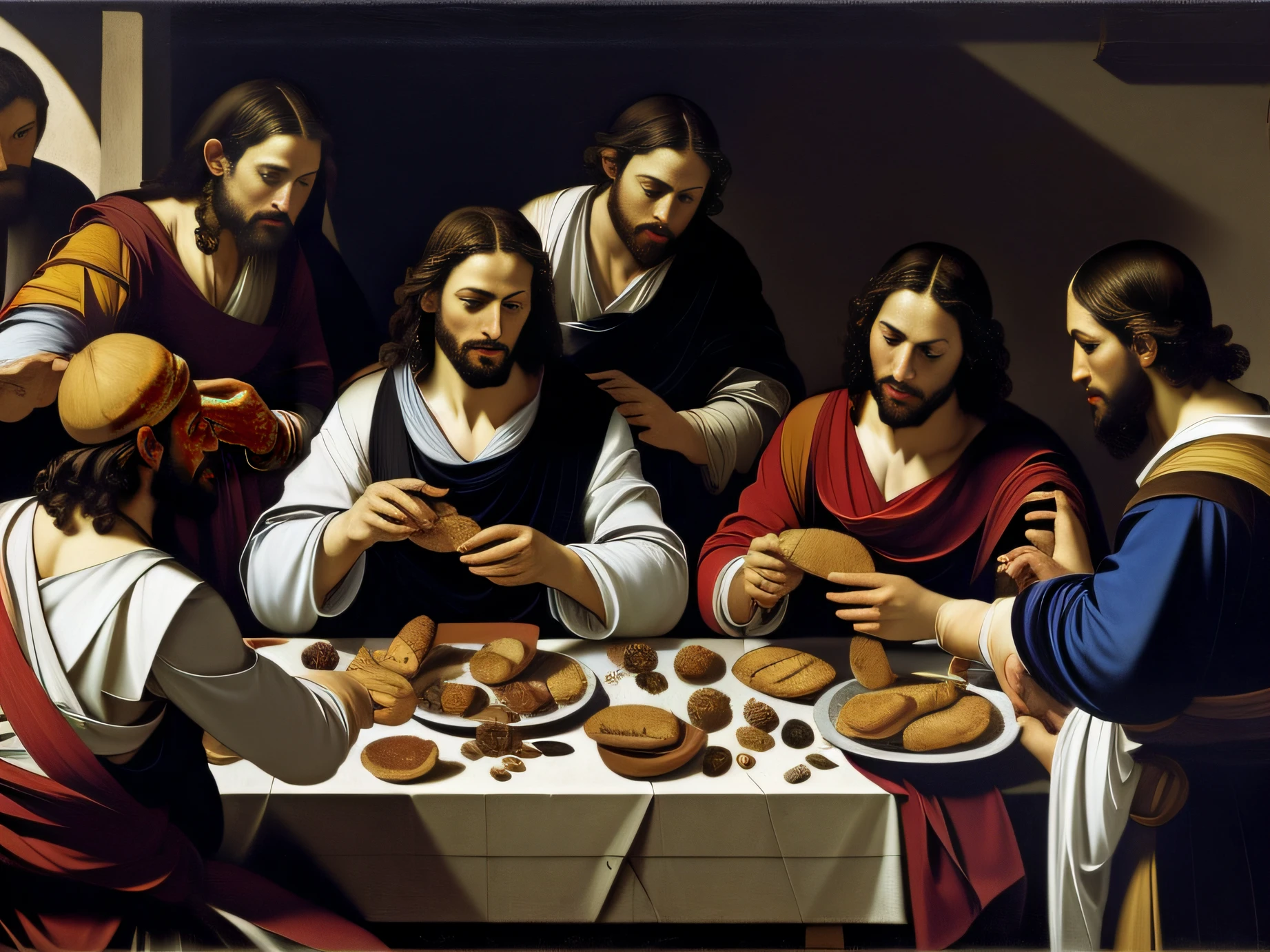 Painting of Jesus of a group of people eating bread, Directed by: Gillis Rombouts, Estilo Caravaggio, Directed by: Abraham de Calraet, Estilo Caravaggio, by Michelangelo Merisi da Caravaggio, em Estilo Caravaggio, por caravaggio, feito no estilo de caravaggio, inspirado em Gillis Rombouts