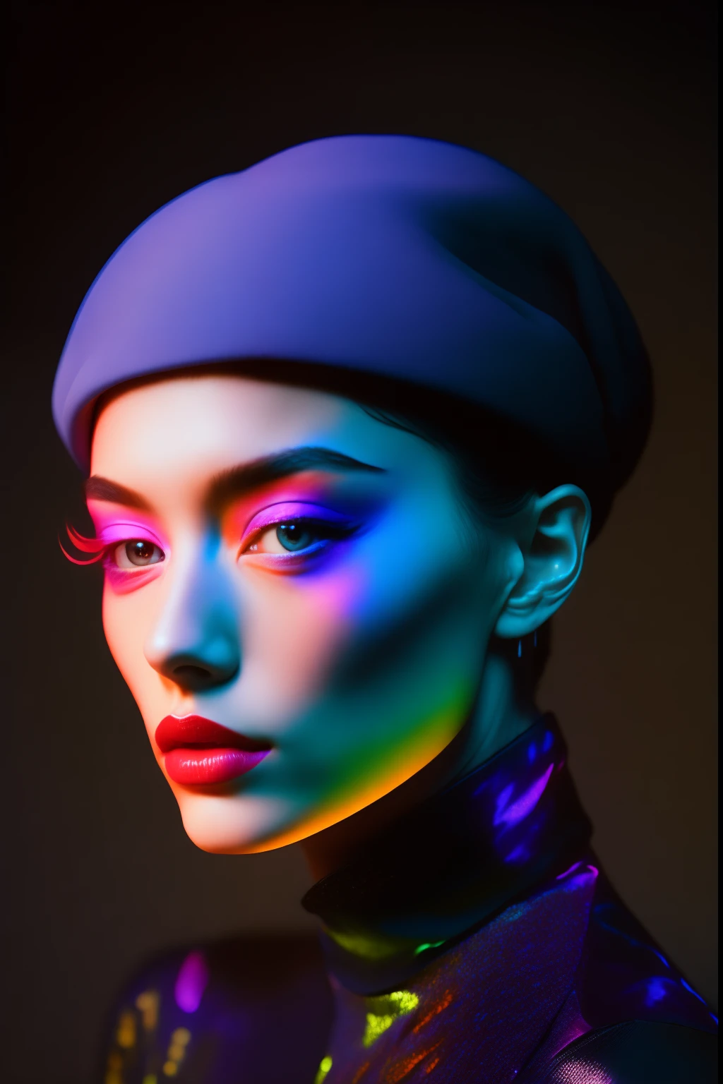 35mm, neon, analog photo, dynamic lighting, chiaroscuro, hiper realismo, luminismo, HD, muito detalhado. Colorful gradients. Gradient glow. Avant-garde makeup. Orange-violet-green lights. Woman’s skin is multi-colored in a beautiful glow. Gradients on face. Gradient lights on skin. Light bloom. Black background. Haze. Unearthly ugly young woman in bodysuit with tiger skin pattern. Awkward look. Tiger fur on cloth. Very small black hat. Very short hair. Pale blue skin. Long neck. Thin hose. Wide-set eyes. Half turn. Darkness. Mood. Haze. Model. Avantgarde makeup. Head tilt. Eye contact. Blue eyes. Beautiful glow. Very small black coif. Slim. A lot of space. Very detailed face. (high detailed skin:1.2). Film grain. Album cover. Magazine cover.