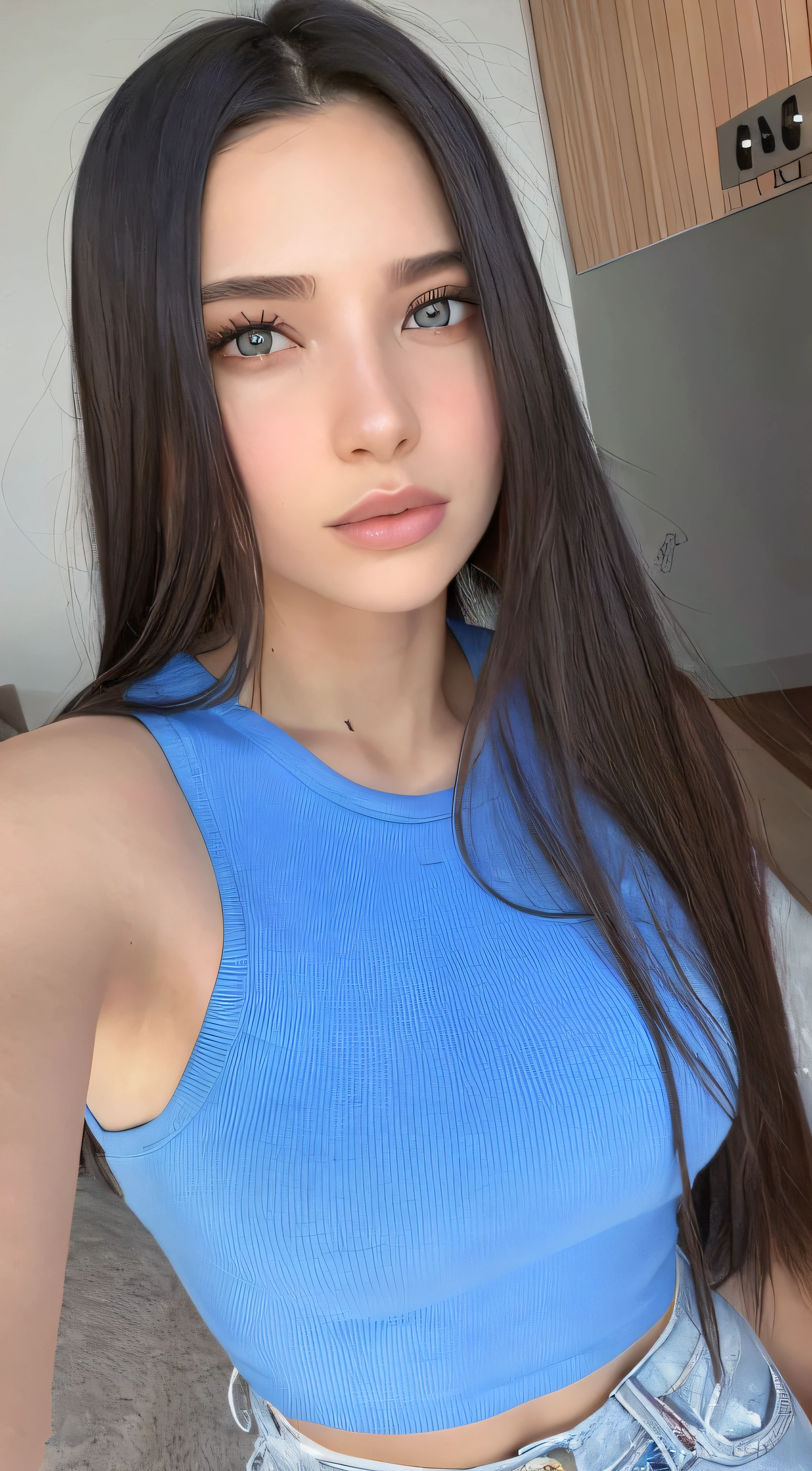 arafed woman with long hair wearing a blue top and jeans, portrait sophie mudd, 2 4 year old female model, 18 years old, violet myers, instagram model, blue tight tshirt, anna nikonova aka newmilky, viktoria gavrilenko, gorgeous latina face, perfect face ), anastasia ovchinnikova, with blue skin, 21 years old