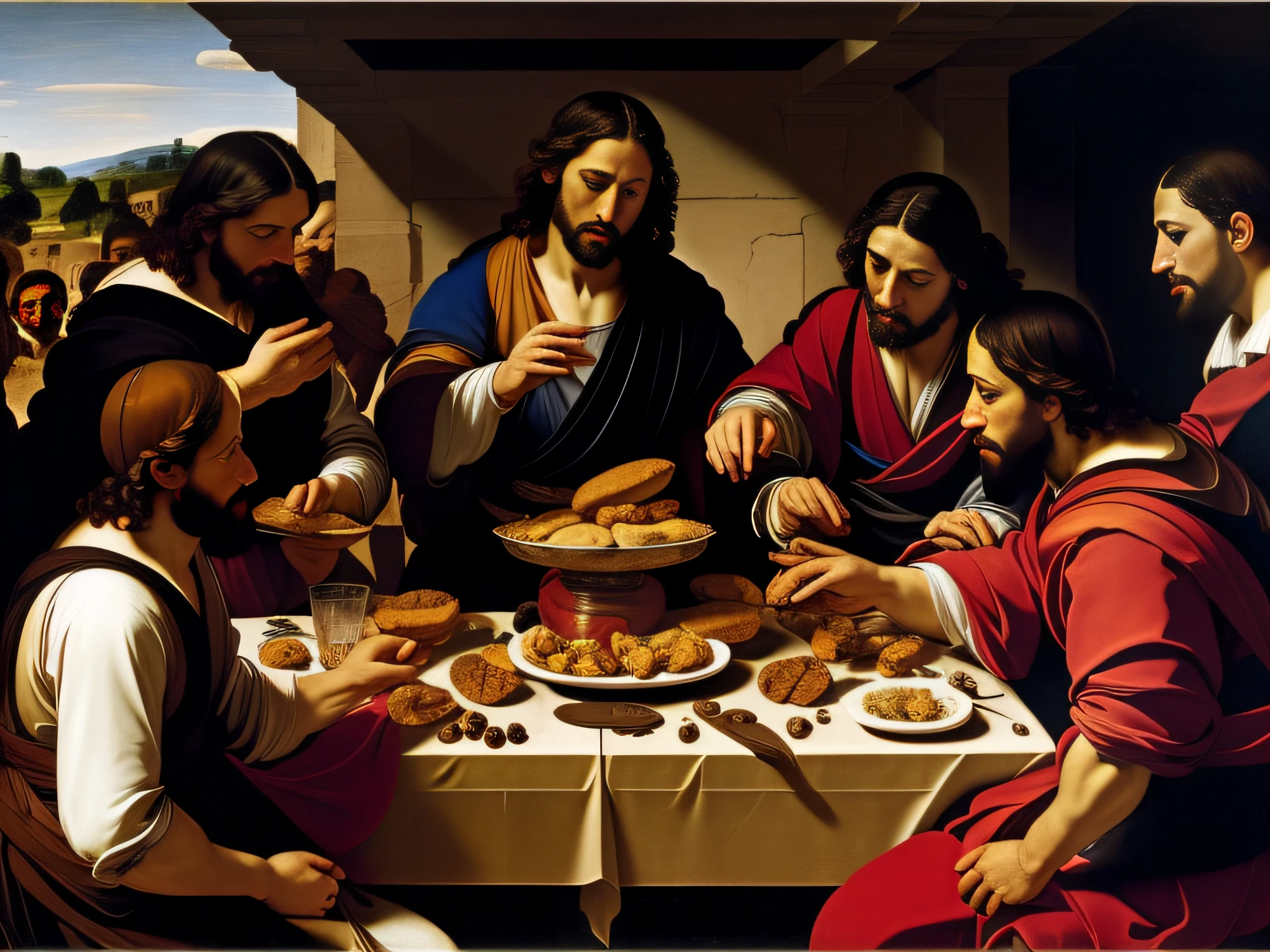 Painting of Jesus of a group of people eating bread, Directed by: Gillis Rombouts, estilo caravaggio, Directed by: Abraham de Calraet, estilo caravaggio, by Michelangelo Merisi da Caravaggio, em estilo caravaggio, por caravaggio, Feito no estilo de Caravaggio, inspirado em Gillis Rombouts