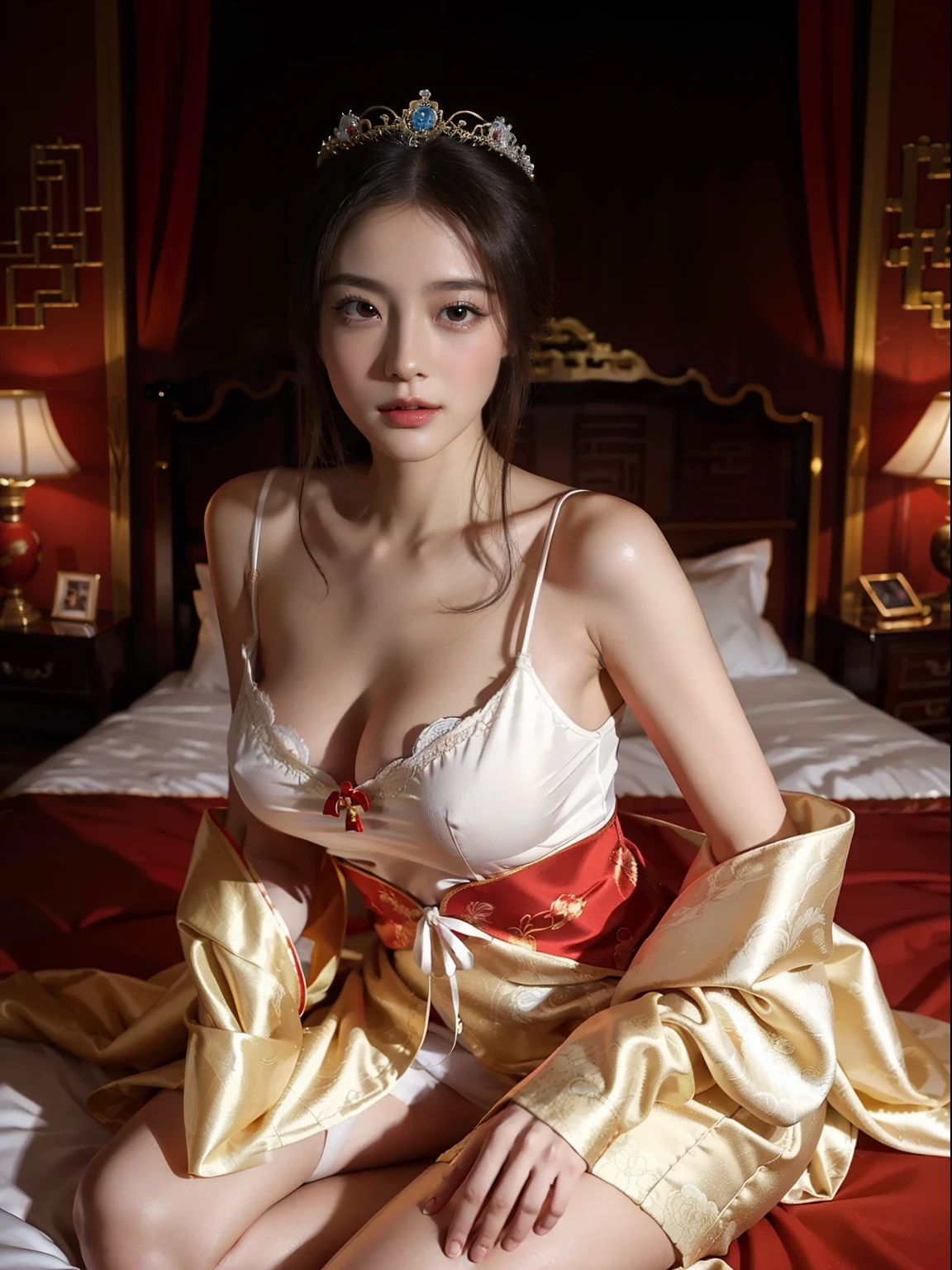 Sleeping Girl,Top image quality,movie camera,Young and beautiful princess in the Chinese royal palace,Wearing gorgeous white panties and Chinese style red nightgown,Live in China's ancient royal palaces,Relax in the bedroom,Full body portrait,Stylish art,,Detailed face,Happy.,a closeup,beutiful breast,