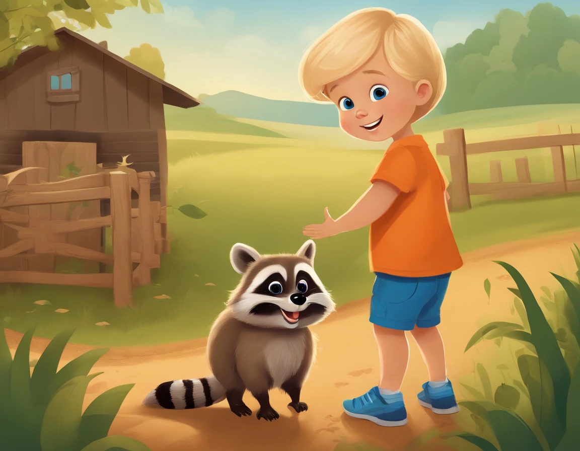 A small two-year-old boy, blond, green-eyed, facing forward, standing, smiling, wearing an orange shirt, blue shorts, blue sneakers, on a farm, surrounded by a raccoon. The image features simple lines, like an illustration for a children's book