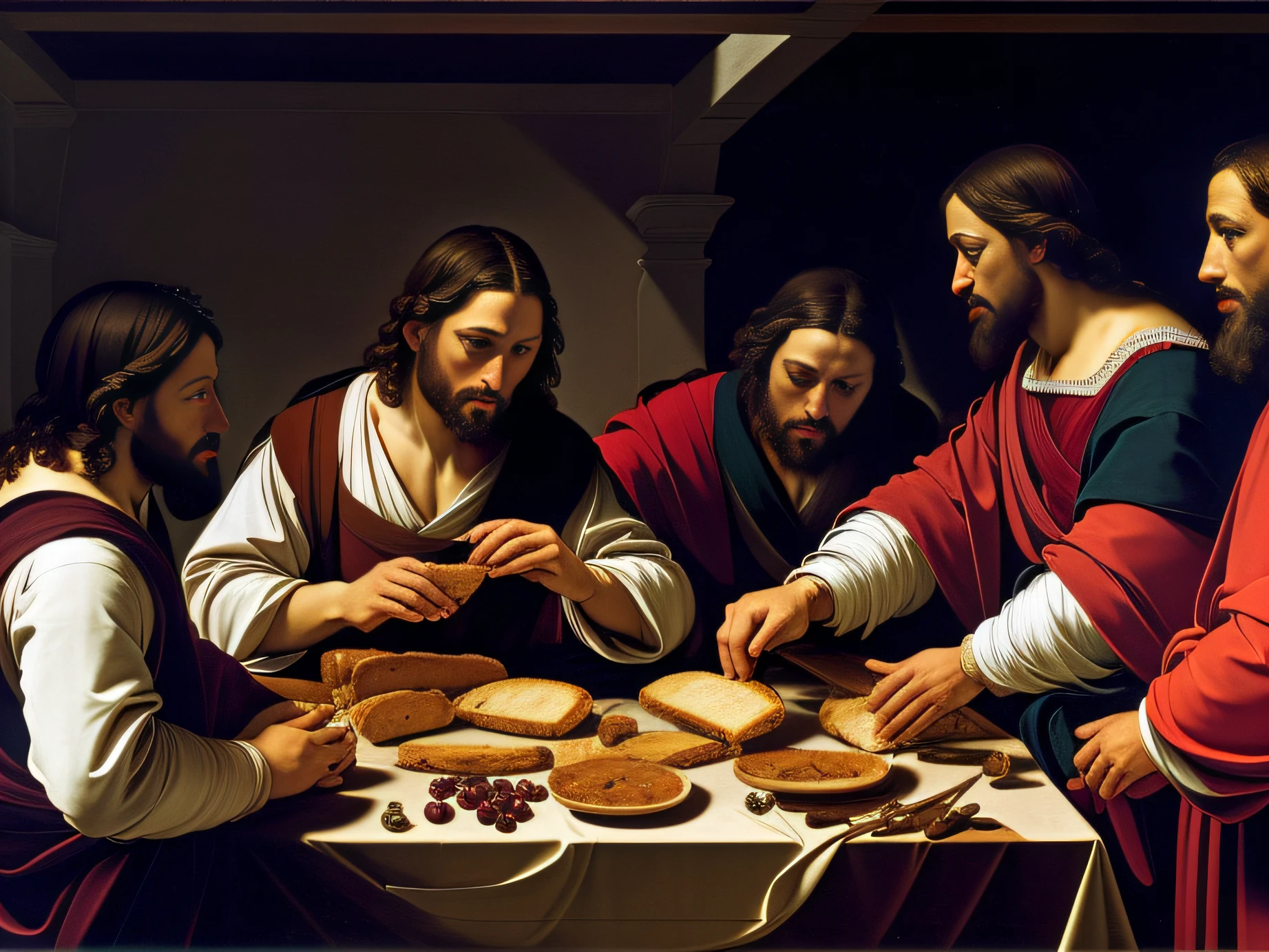 Painting of Jesus of a group of people eating bread, Directed by: Gillis Rombouts, estilo caravaggio, Directed by: Abraham de Calraet, estilo caravaggio, by Michelangelo Merisi da Caravaggio, em estilo caravaggio, por caravaggio, Feito no estilo de Caravaggio, inspirado em Gillis Rombouts