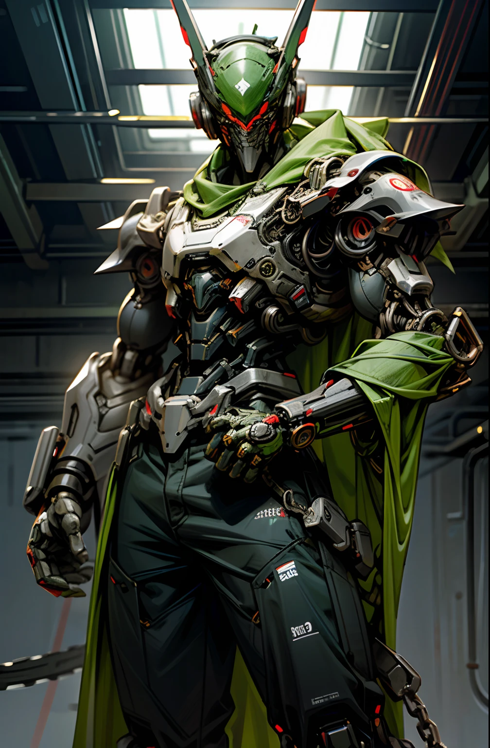 Dark_Fantasy,Cyberpunk,(chain saw,chain saw man,Red:1.1),1man,Mechanical marvel,Robotic presence,Cybernetic guardian, green color