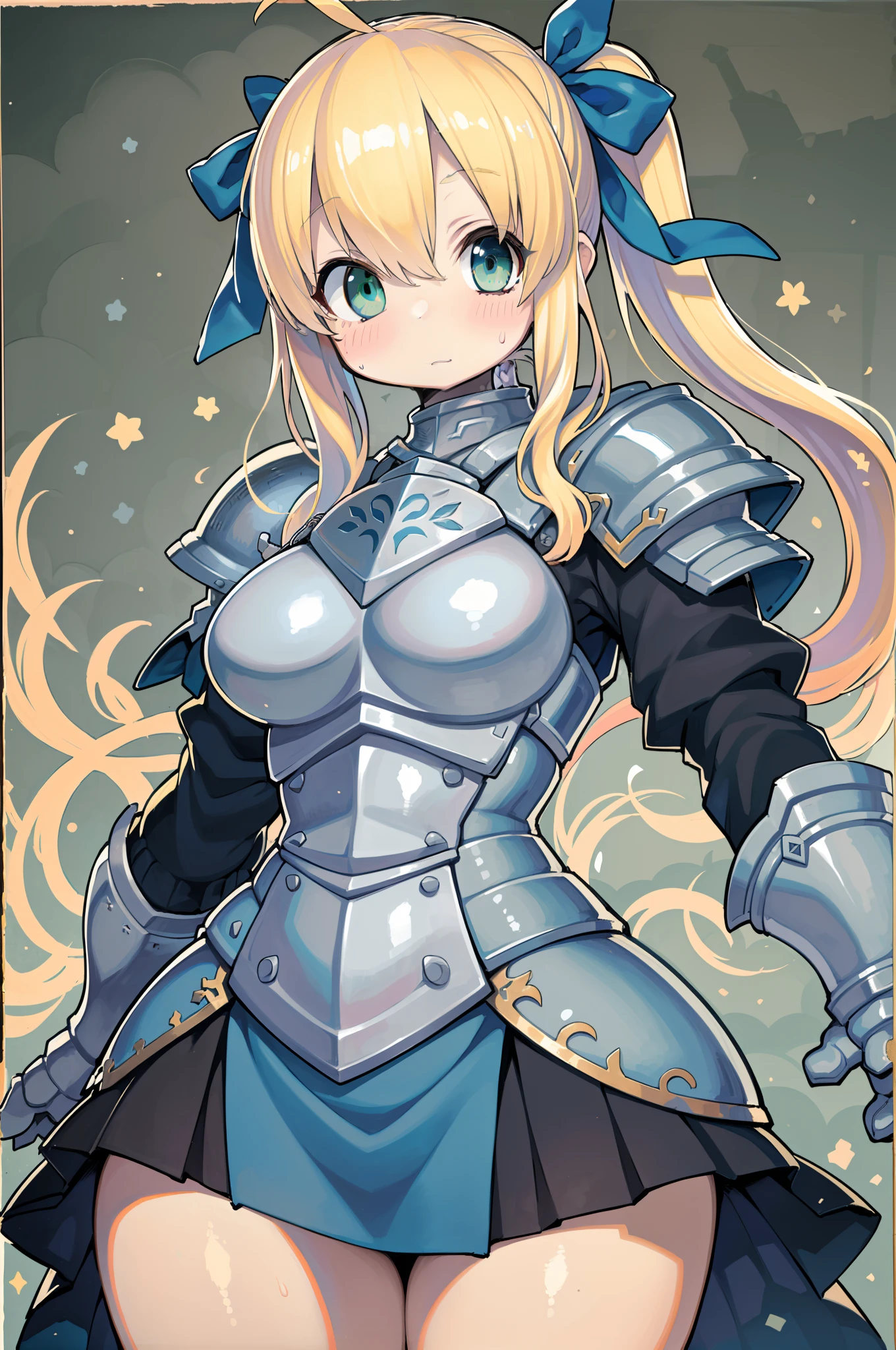 (masutepiece:1.2), (absurderes), (Detailed face),(Detailed eyes), (Best Quality) (Traditional Media:1.2) , (white backgrounid), The upper part of the body, (deadpan), artoria_pendragon_(Fate), Saber, armor, Blonde hair, gauntlets, Green eyes, Hair Ribbon, Armored dress, Ahoge, Blue Dress,