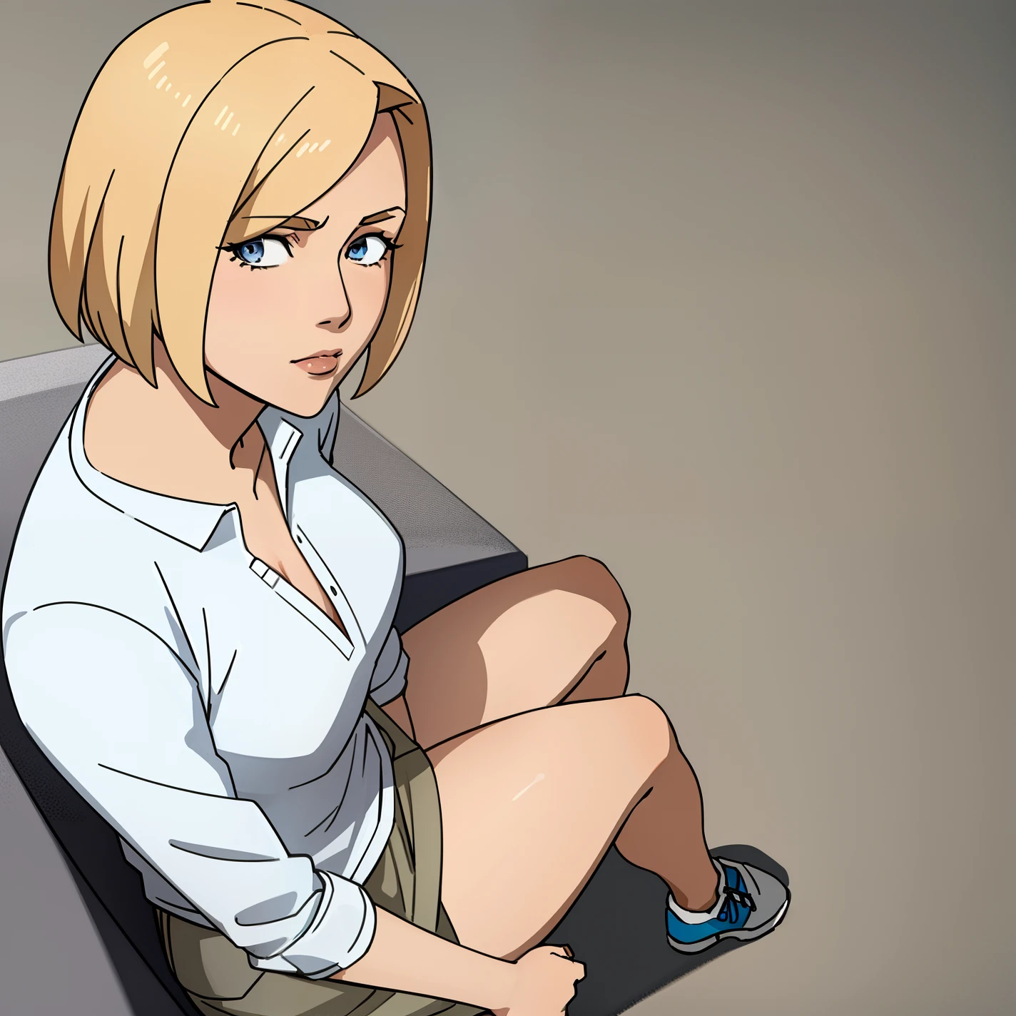 Invincible, masterpiece, best quality, 1girl, solo, blonde hair,blue eyes,short hair,lookind at viewer,jacked,sitting,anime coloring,park