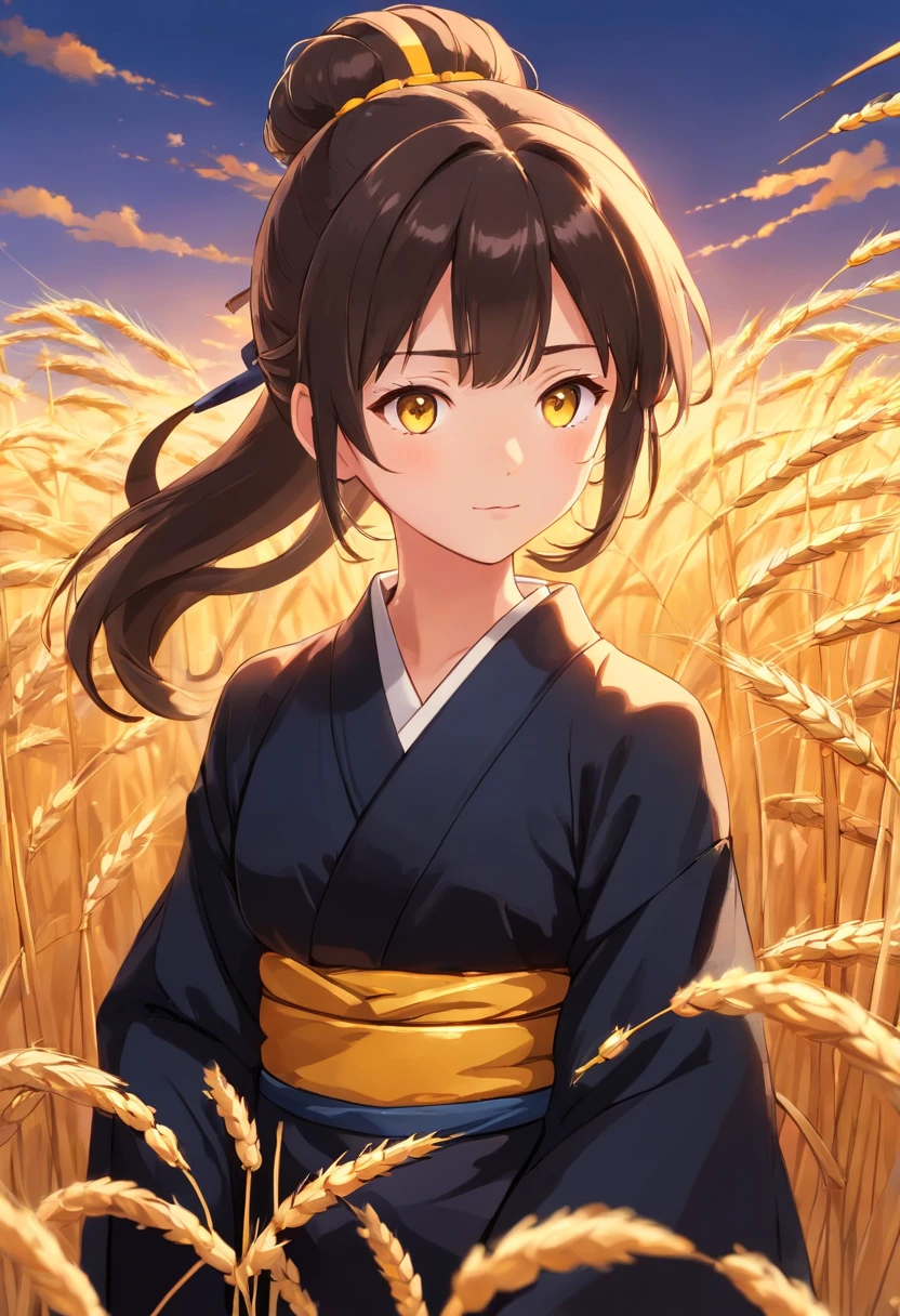 A girl in a kimono，Standing dazed in a waist-deep wheat field, Black kimono with gold edges, her hair is in a pony tail, Yellow eyes, The setting sun was reflected in her eyes, The light fell on her face, Semi-sideways to the camera