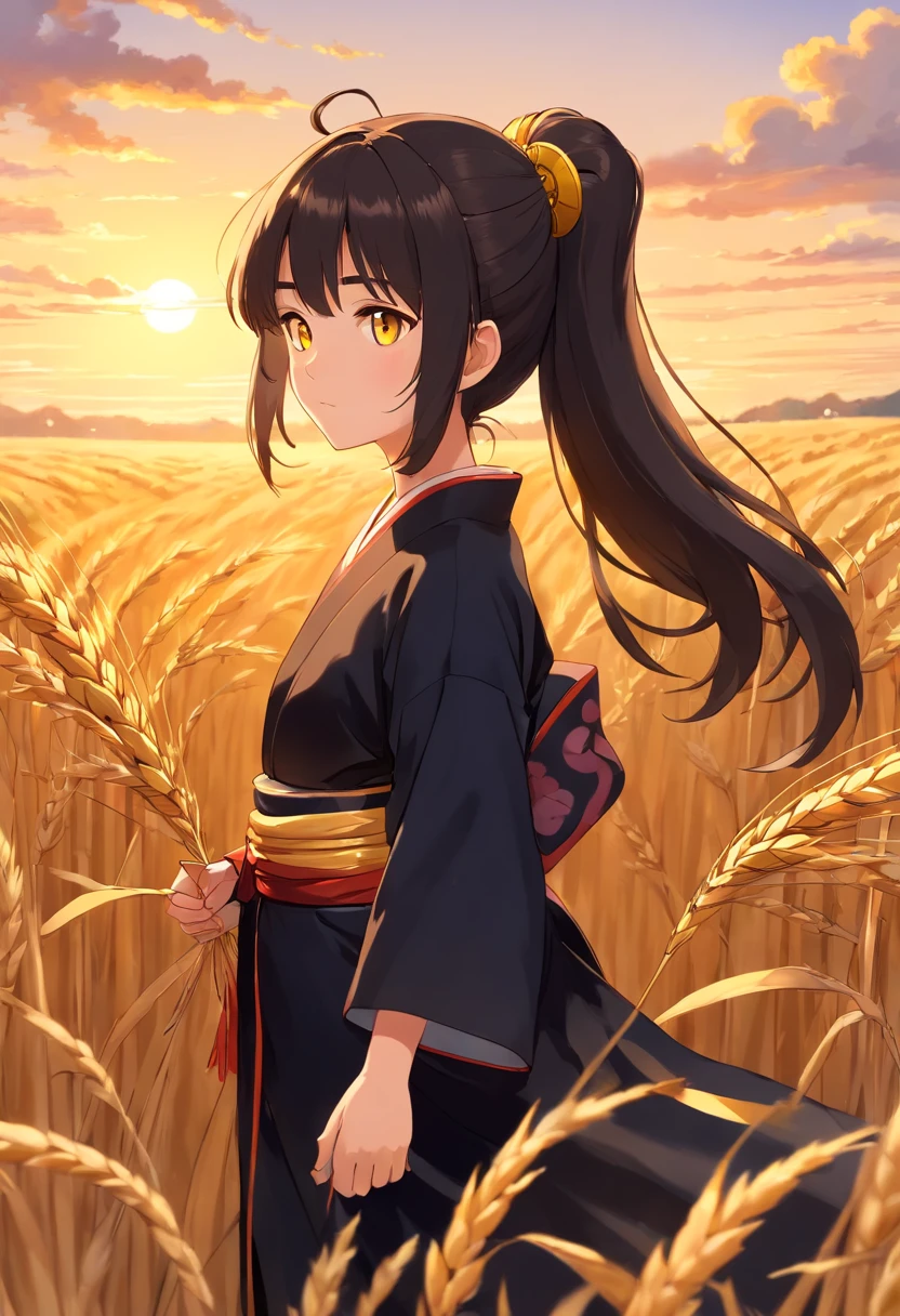 A girl in a kimono，Standing dazed in a waist-deep wheat field, Black kimono with gold edges, her hair is in a pony tail, Yellow eyes, The setting sun was reflected in her eyes, The light fell on her face, Semi-sideways to the camera