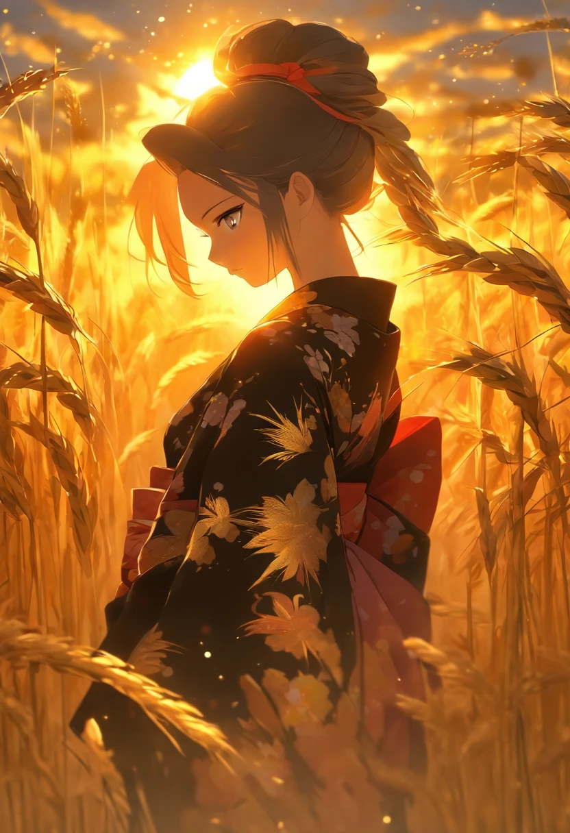 A girl in a kimono,Standing dazed in a waist-deep wheat field, Black kimono with gold edges, her hair is in a pony tail, Yellow eyes, The setting sun was reflected in her eyes, The light fell on her face, Semi-sideways to the camera
