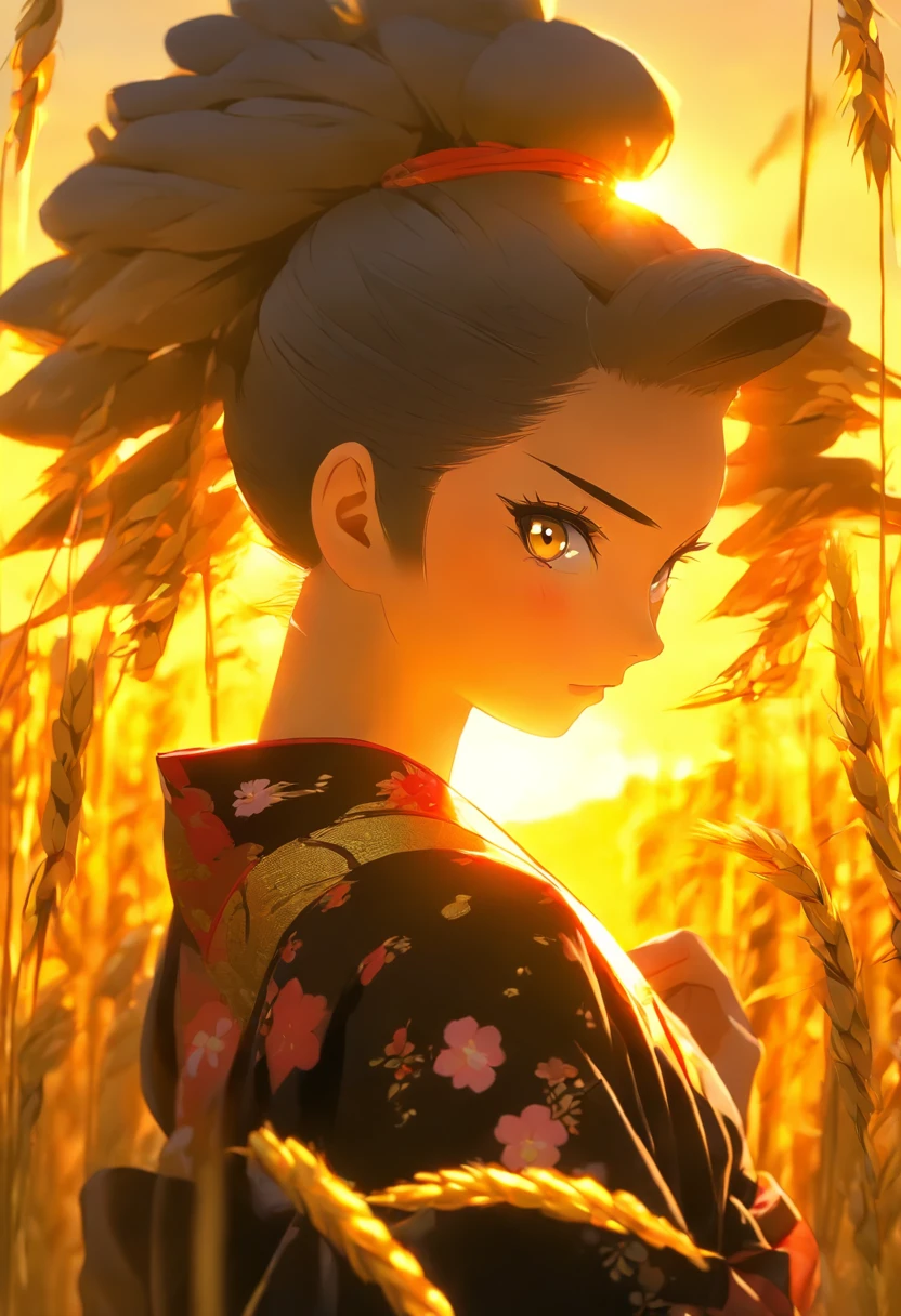 A girl in a kimono,Standing dazed in a waist-deep wheat field, Black kimono with gold edges, her hair is in a pony tail, Yellow eyes, The setting sun was reflected in her eyes, The light fell on her face, Semi-sideways to the camera
