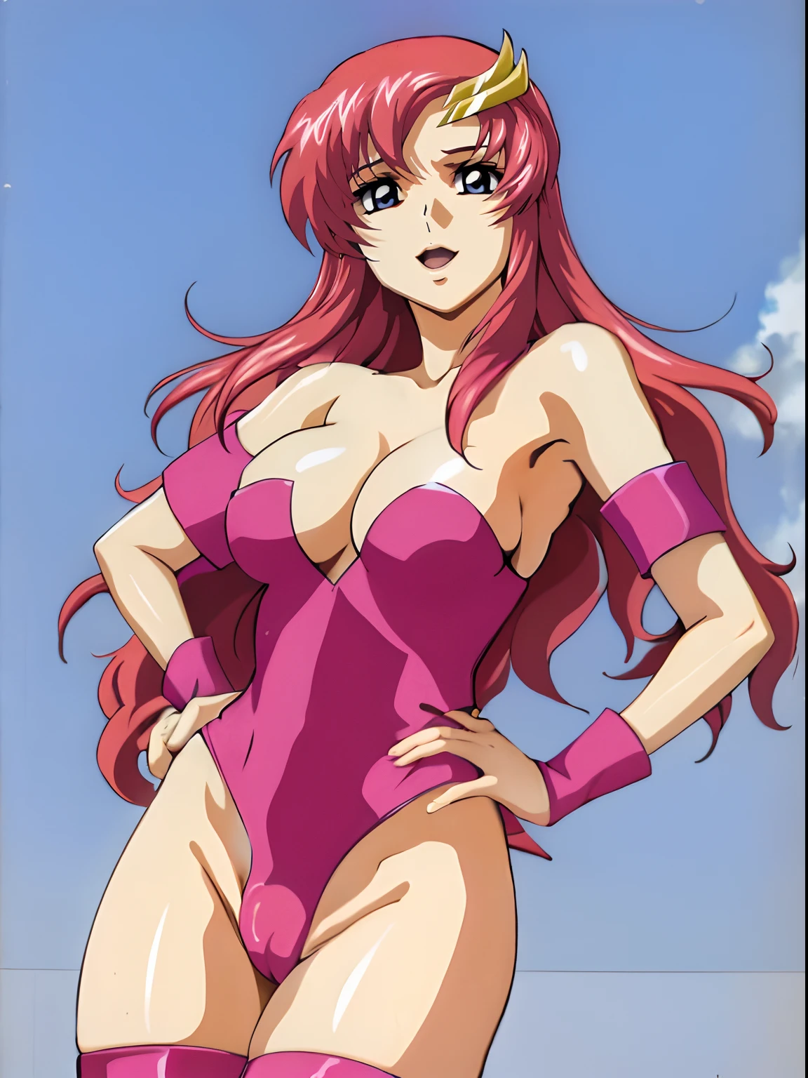 (masterpiece, 4K, Best Quality, Anime style: 1.9, bold drawing lines, High color saturation, Detailed face, tall, Adult Woman, lovely, (cloud background), Drawing lines, high resolution, Anime, lacus4), 1girl in, Solo, curvy figure, Long hair, 鎖骨, scapular, Wavy Hair, Detailed wide hair bangs, Hair Ornament, Detailed reddish-pink hair, cleavage, large hands, (Big blue eyes, shiny eyes), Smile, closed mouth, Very happy, ((closed fists)), (laughing, open mouth), ((medium breasts)), (((shiny pink strapless wrestling leotard))), (pink wrestling long boots), strong arms, biceps, rib lines, ((lean forward)), standing, (hands on hips), happy, bare shoulders, (exposed navel, shiny skin, exposed belly button area, bare hips)