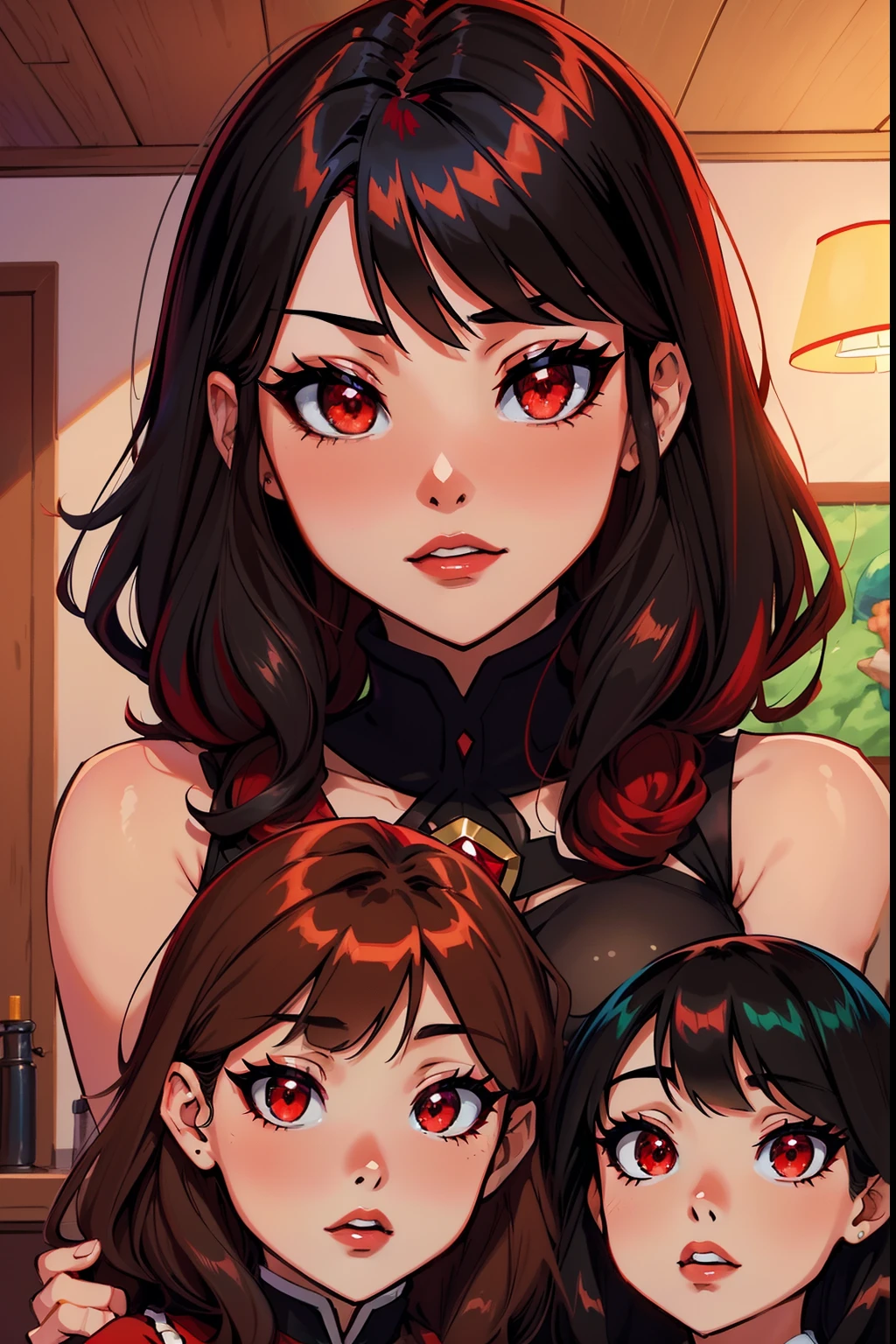 draw megumin and her three daughters. Megumin (Megumin have black hair, red Eyes) with all little three daughters: Esmeralda, Ruby, Aria Rose. (Esmeralda have brown hair , red eyes). (Ruby have Red Hair, green eyes), (Aria Rose have Black hair, blu eyes)