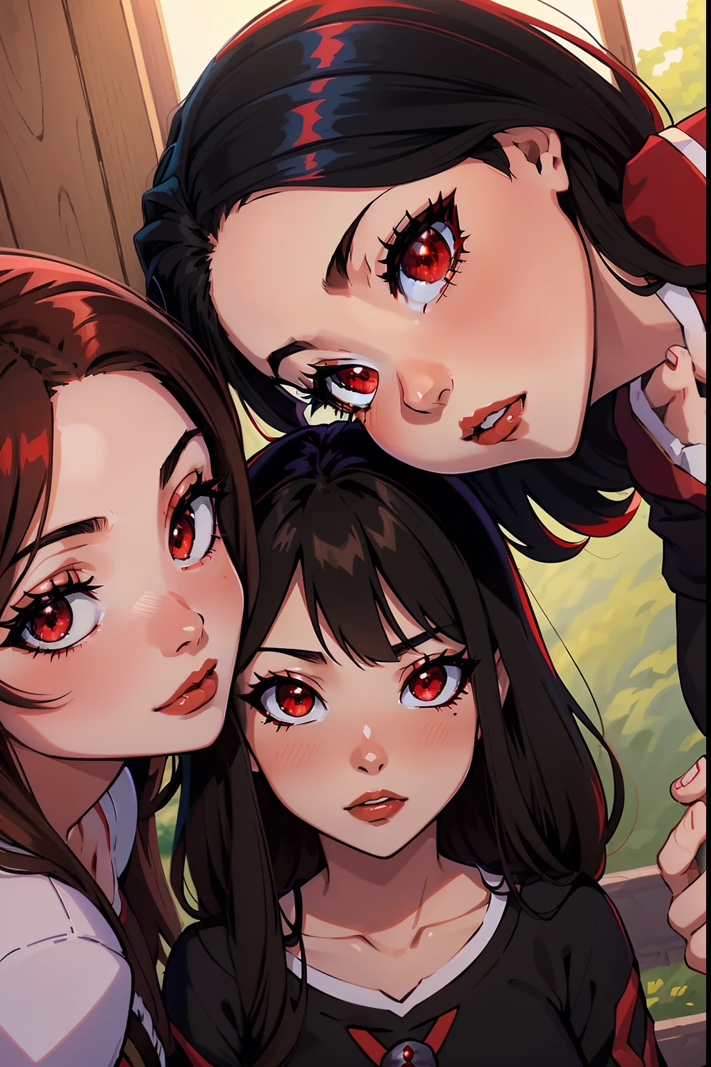draw megumin and her three daughters.  Megumin (Megumin have black hair, red Eyes) with all little three daughters: Esmeralda, Ruby, Aria Rose. (Esmeralda have brown hair , red eyes). (Ruby have Red Hair, green eyes),  (Aria Rose have Black hair, blu eyes)