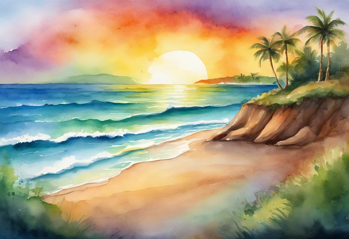 Pixar style minimalist vector of beautiful island sunrise, A secluded beach with small waves gently crashing against the beach, Open view of the calm emerald sea, With the sun breaking the horizon、Rainbow rays gently penetrating the sky