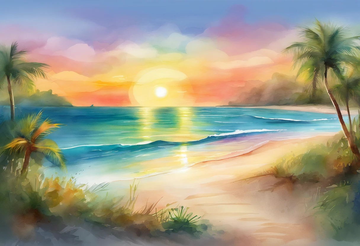 Pixar style minimalist vector of beautiful island sunrise, A secluded beach with small waves gently crashing against the beach, Open view of the calm emerald sea, With the sun breaking the horizon、Rainbow rays gently penetrating the sky