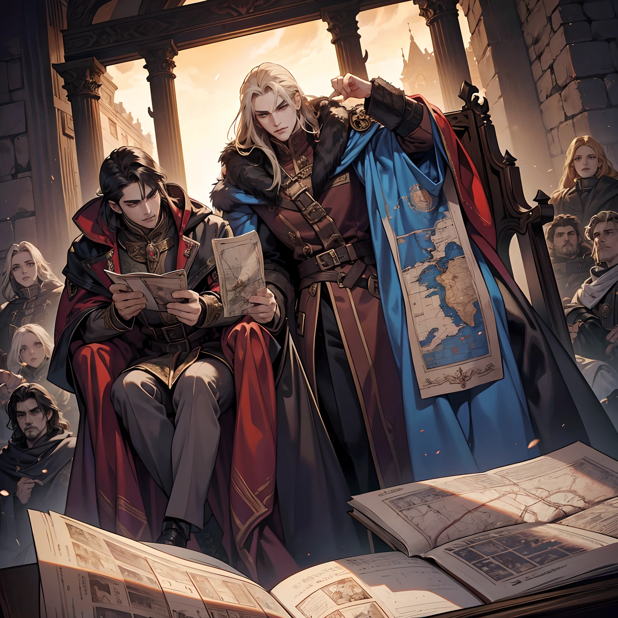 Castlevania Shadow Lord handsome muscular Lord Dracula in the throne room with his soldiers looking into Map of Conquest discussing old cinematic scrolls scenes movie Epic Legendary Perspective
