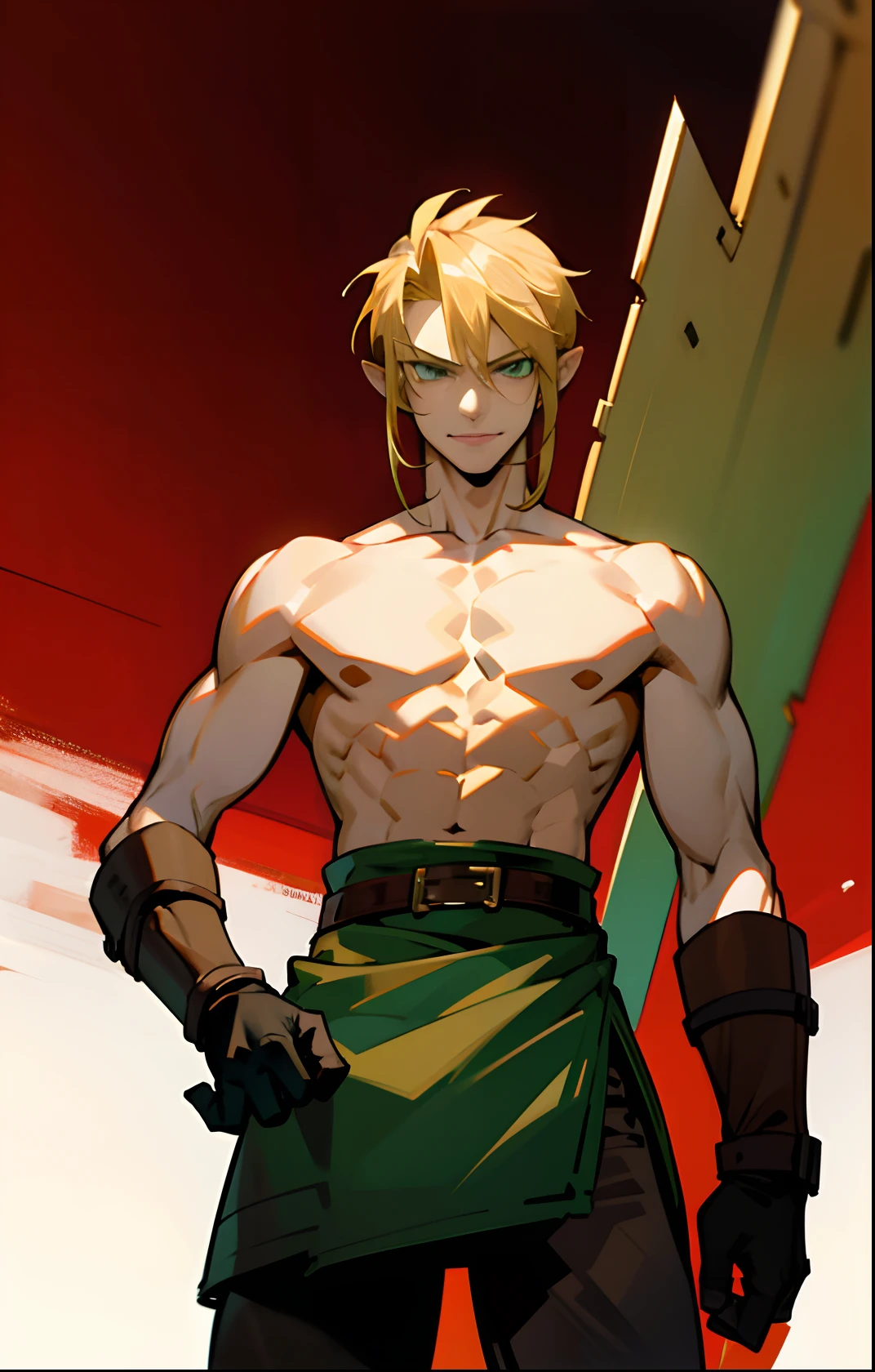 blond, tall, green-eyed guy, viking style, russian hero style, strong,  anime style, anime  , link, ( gloves), standing, topless , (muscular:0.6)(from above:0.1),(sport:0.2), (empty dojo),(smiling:0.4), (dominant),(evil)(confident)(sadistic)(adult:1)(masculine:1)(slender:0.33)(from below:0.3)(powerful)(looking at viewer),