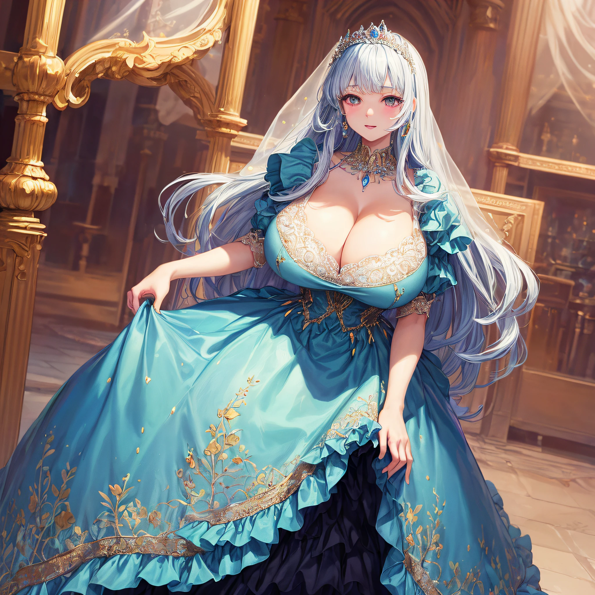 (masterpiece, best quality,extremely detailed:1.1),(moe anime art style:1.2),1girl,full body, ((solo)), cute, kawaii,digital art,((1 bling-bling anime princess wearing beautiful embroidery and jeweled ruffled gorgeous princess ballgown with voluminous full length hoop skirt)),((crinoline)),long train,voluminous frills,(gorgeous embroidery and beautiful lace),(((very gigantic boobs,cleavage,skindentation))),((shiny hair,very long straight hair)),((finely detailed face and eyes)),clear pupil,extremely gorgeousfull hair ornament,(bling-bling jeweled extremely gorgeousfull tiara),(bling-bling gorgeous gemstone jewelry),long veil,((beautiful background,fantasy)),flowers,flower petals flowing,full body,looking away,((beautiful embroidery and jeweled ruffled gorgeous princess ballgown with voluminous full length hoop skirt))
