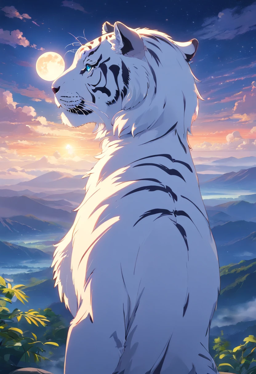 White tiger，（Through the clouds），（Top of the mountains），（with an intricate），（super detailing），（hazy，（strong limbs），（Moon Night），（ultraclear），（best qualtiy），Impact force