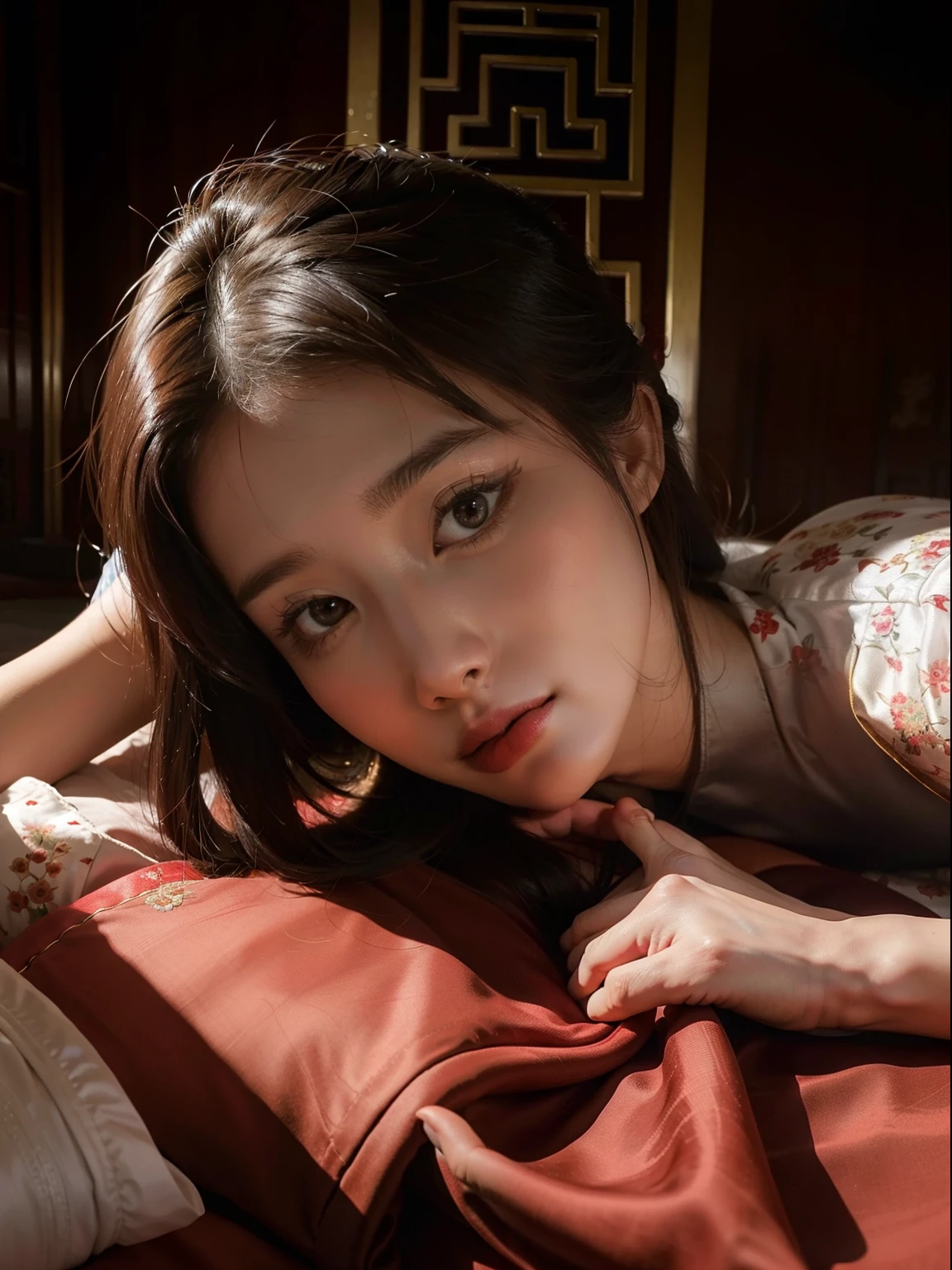 there is a woman that is laying down with a red blanket, vhs screencap, movie screencap, full scene shot, film shot, movie screenshot, 1 9 8 6 movie screenshot, screenshot from a movie, screen cap, still shot from movie, sandra, cindy avelino, throbbing, film screenshot, movie still of a tired