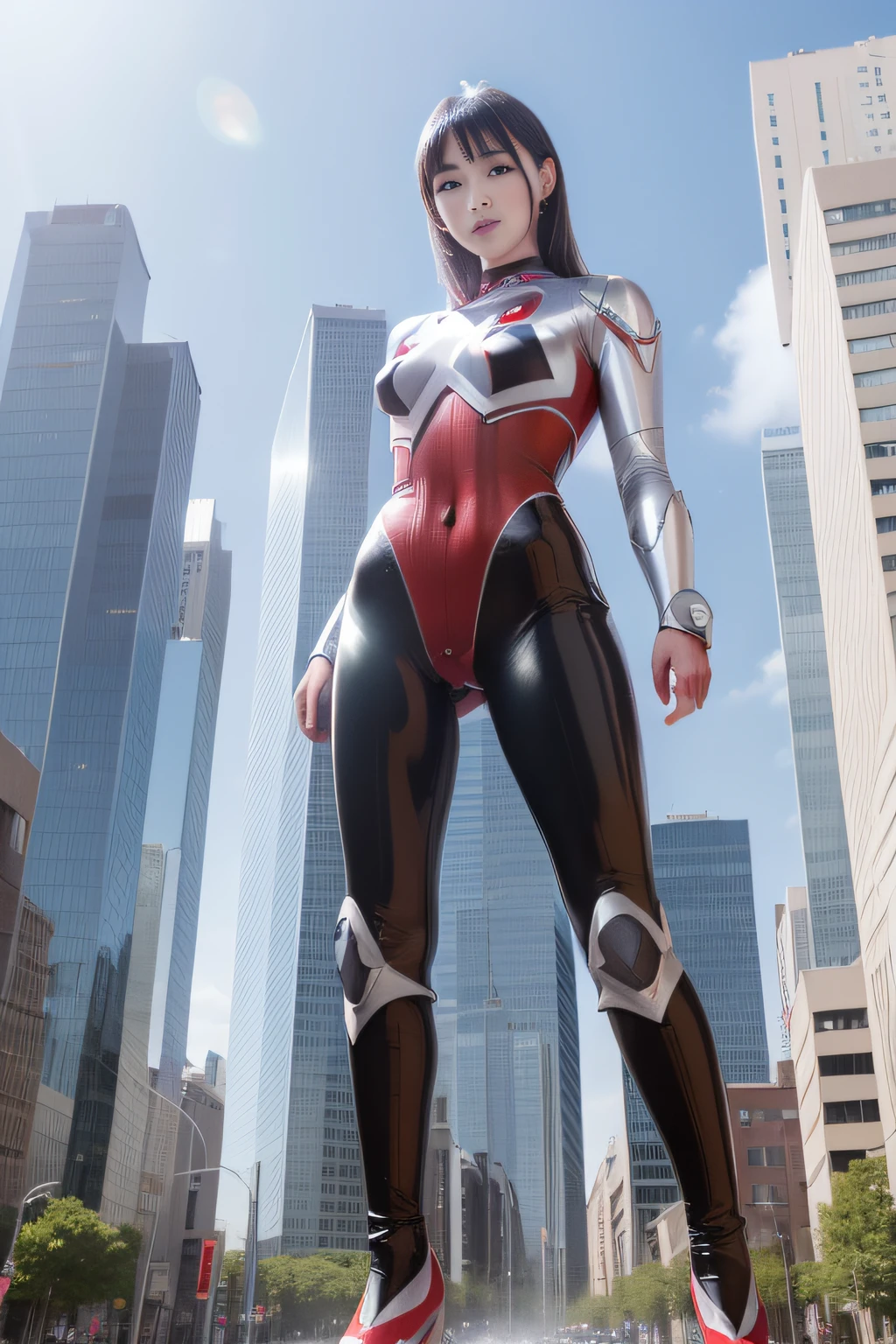 best qualtiy、masutepiece、超A high resolution、(Photorealistic:1.4)、GTSGiga、From below、infp young woman、modeled、small head、a small face、long legged、Glossy luxury latex、(Ultraman's Bodysuit:1.4)、high-heels、(Full body:1.2)、(Thin eyebrows:0.2)、(thin lipss:0.8)、(small nose:0.8)、Appearance without makeup、Smile big、(Small butt:0.7)、(small nipple:0.7)、Big breasts、Huge breasts、huge-breasted、(the perfect body:1.7)、Big city background、By Michelangelo、ulzzang -6500-v1.1