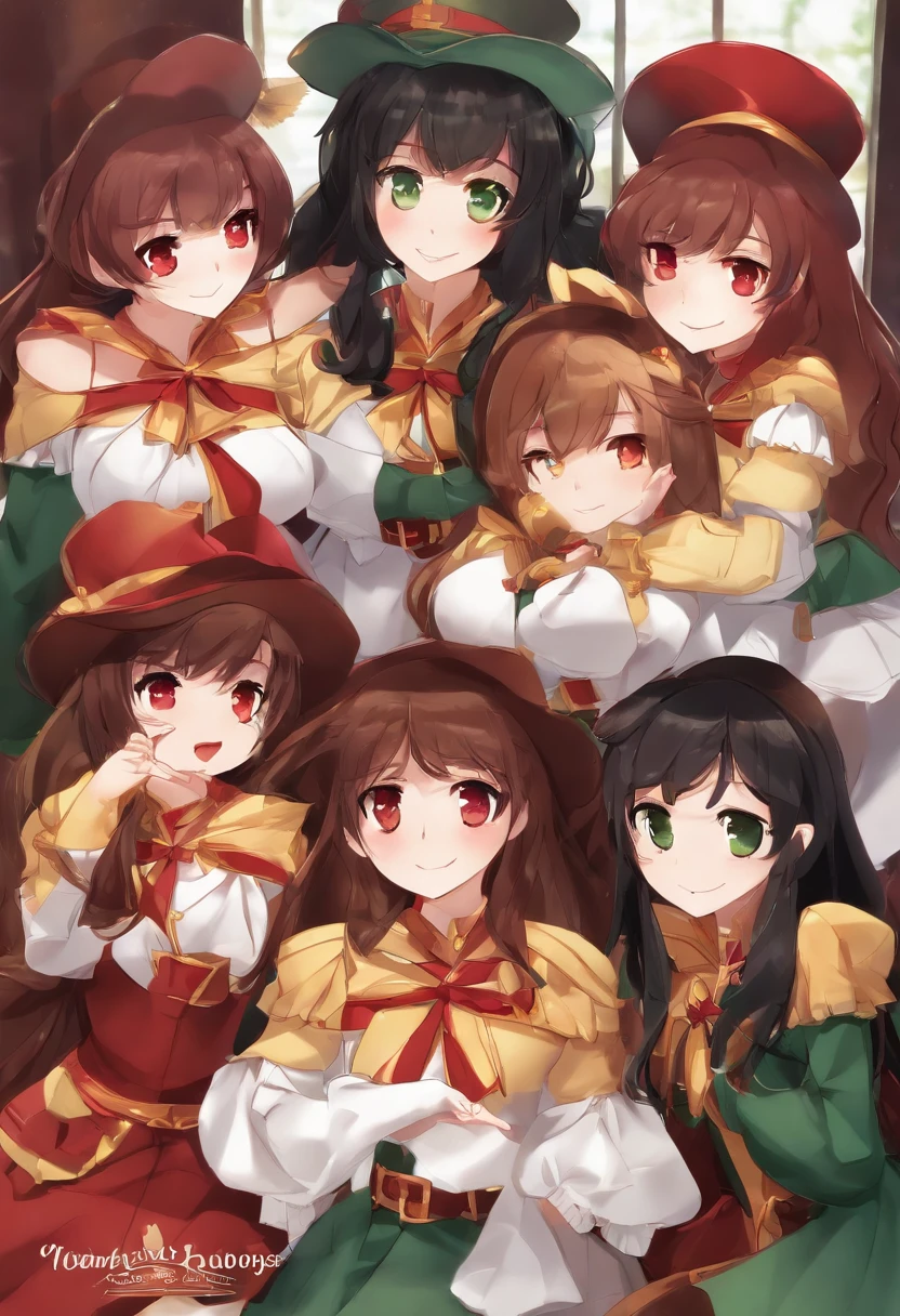 draw megumin and her three daughters. Megumin (Megumin have black hair, red Eyes) with all little three daughters: Esmeralda, Ruby, Aria Rose. (Esmeralda have brown hair , red eyes). (Ruby have Red Hair, green eyes), (Aria Rose have Black hair, blu eyes)