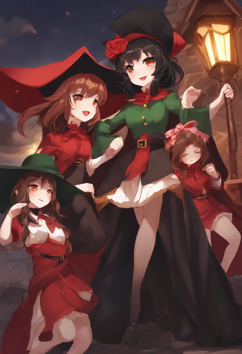 draw megumin and her three daughters. Megumin (Megumin have black hair, red Eyes) with all little three daughters: Esmeralda, Ruby, Aria Rose. (Esmeralda have brown hair , red eyes). (Ruby have Red Hair, green eyes), (Aria Rose have Black hair, blu eyes)