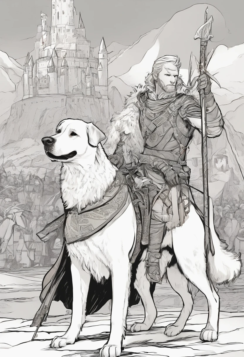 Fantasy lord of the rings style. one a big fluffy labrador retriever with white fur, a greyhound carrying bow and arrow, and a small West Highland White Terrier wearing armour