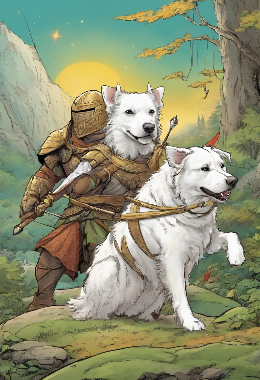 Fantasy lord of the rings style. one a big fluffy labrador retriever with white fur, a greyhound carrying bow and arrow, and a small West Highland White Terrier wearing armour
