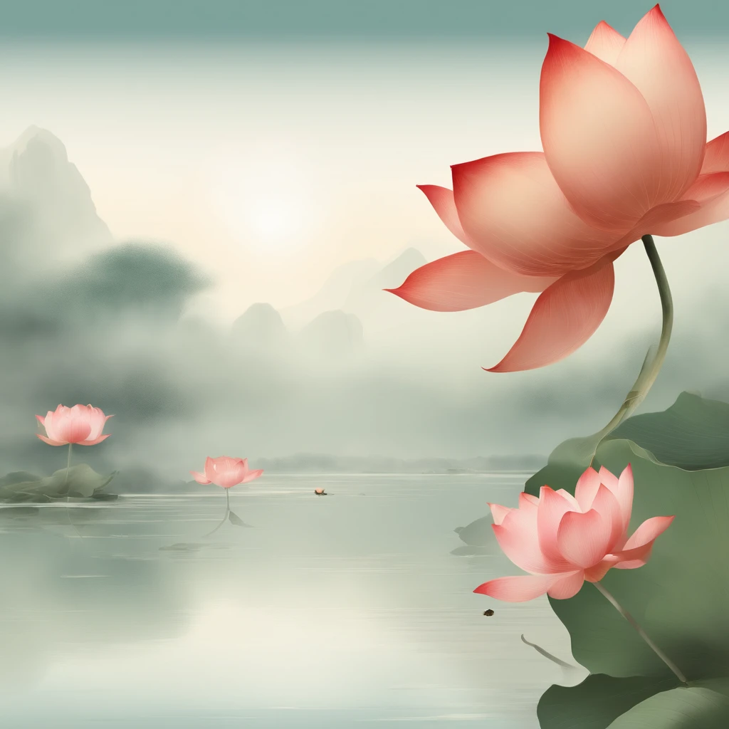 No Man, large lotus leaf, lotuses, Ink painting style, Clean colors, Ink style, polluted, White space, impressionistic, Masterpiece, Super detailed, Highest quality, Ancient style, Dunhuang Flying Sky