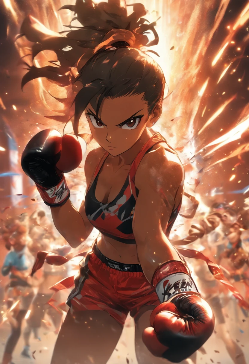 Mature female boxer、Ponytail with black hair、Brown-skinned、Black sports bra and shorts、Boxing gloves、With keen eyes、Boxing stance、waist line、