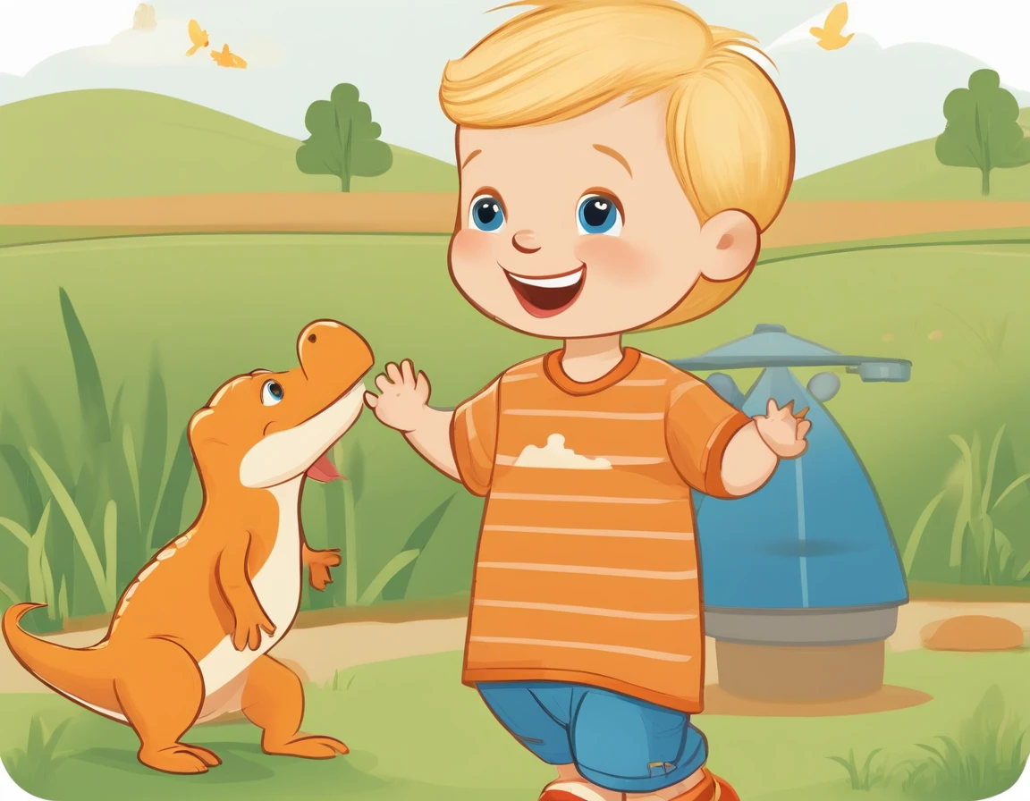 A small two-year-old boy, blond, green-eyed, facing forward, standing, smiling, wearing an orange shirt, blue shorts, blue sneakers, on a farm, dancing with a standing crocodile, waving its paws. Image with simple lines, like an illustration for a children's book