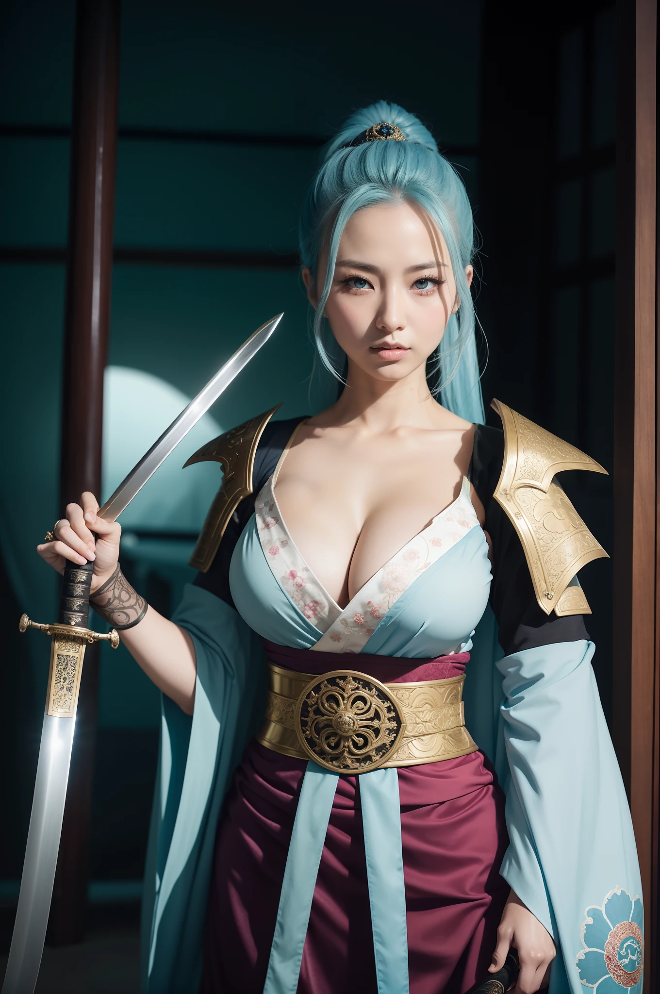 arafed woman in a costume holding a sword and a sword, she is holding a katana sword, very beautiful cyberpunk samurai, female samurai, wearing kimono armor, ornate korean polearm behind her, she is holding a sword, holding a sword on her shoulder, wearing kimono armour, dressed in samurai armour, portrait shot, samurai outfit, ornate cosplay, sexy look, big breast, sexy pose, show breast, light blue hair