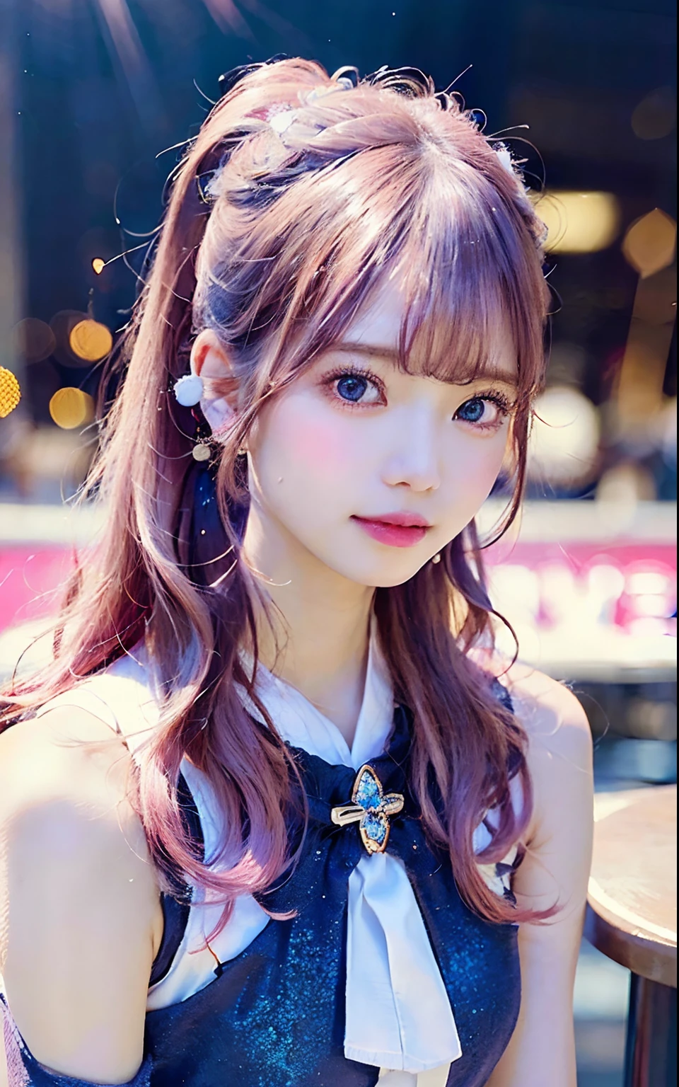 (masutepiece), (Best Quality), (super detailed), (Illustration), (1 girl) (Long pink hair 1.5) (Blue eyes) (Double ponytail 2.0), ((((No Shoulders))), at Ginza, (gaze at the audience, (interview), (Detailed background), beautiful and delicate eyes, Delicate beautiful face, Soaring (High color saturation), (Colorful glitter), Multicolor bubble, (Glitter), Facial accents, PerfectNwsjMajic, Conservative Clothes, Shoulderless, Autumn clothes, Facing the masses, Perfect figure,