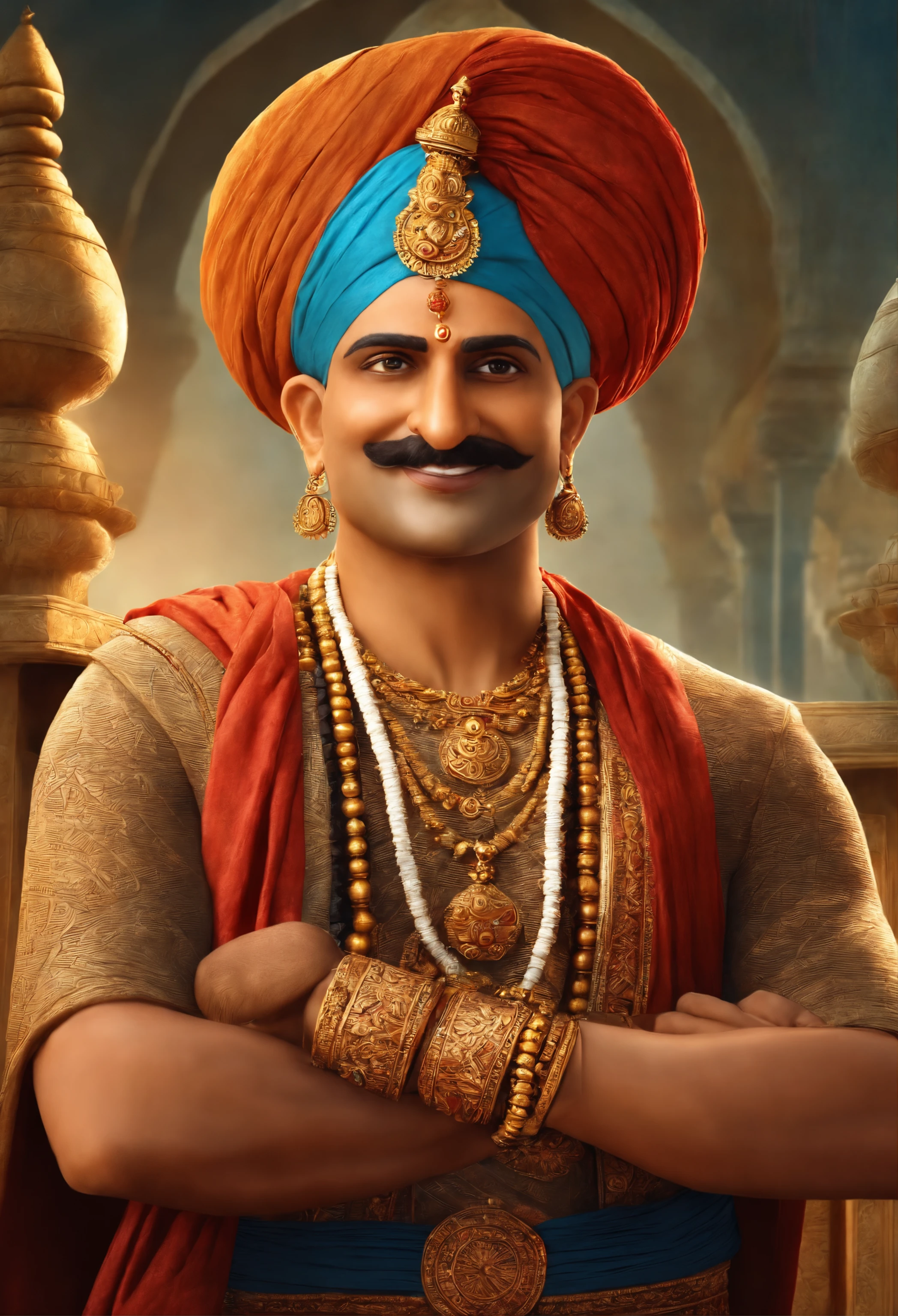 Render Tenali Rama as a charismatic and endearing character with a friendly smile and expressive eyes. BALD TENALI RAMA