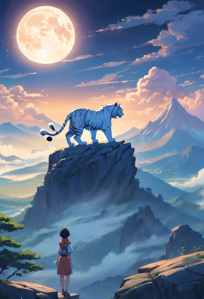 White tiger,(Through the clouds),(Top of the mountains),(with an intricate),(super detailing),(hazy,(strong limbs),(Moon Night),(ultraclear),(best qualtiy),Impact force