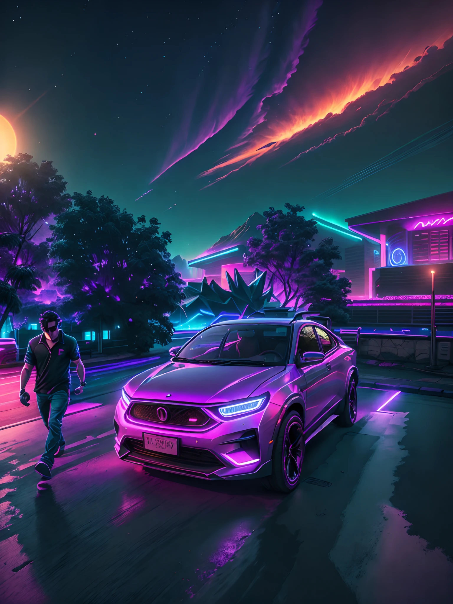 retrowave. city, car, road,  purple neon lights, sun, mountain, 
(masterpiece,detailed,highres),