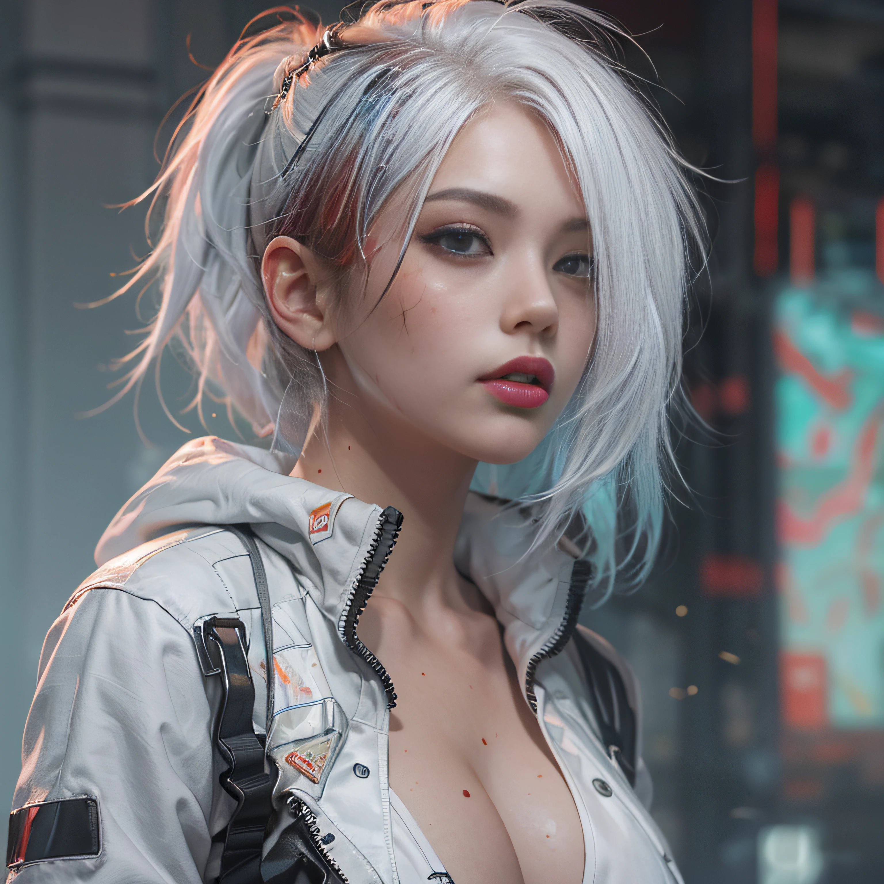 masterpiece, best quality, high quality, superdetailed, high_res, high contrast, photorealistic character, ((( Lucy))) ((cyberpunk edge runners)), white color, rainbow dyed color with white color hair, black top, black panties, white open top shirt, perfect breasts, superdetailed face, paled reddish skin, red oily lips, oily skin, sunkissed beauty, superrealistic, beauty model, Lucy art
