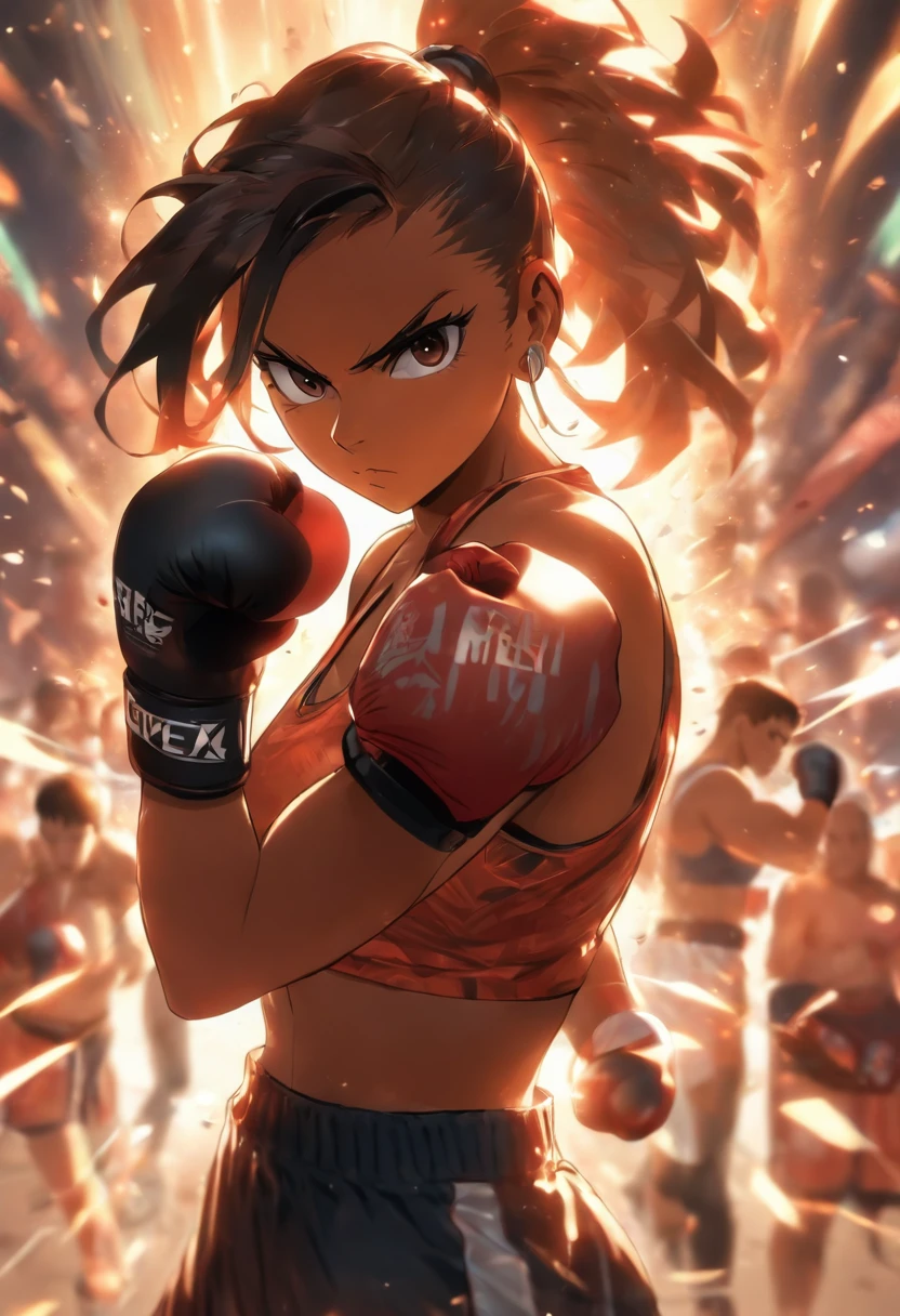 Mature female boxer、Ponytail with black hair、Brown-skinned、Black sports bra and shorts、Boxing gloves、With keen eyes、boxing stance、waist line、Boxing gym in the background