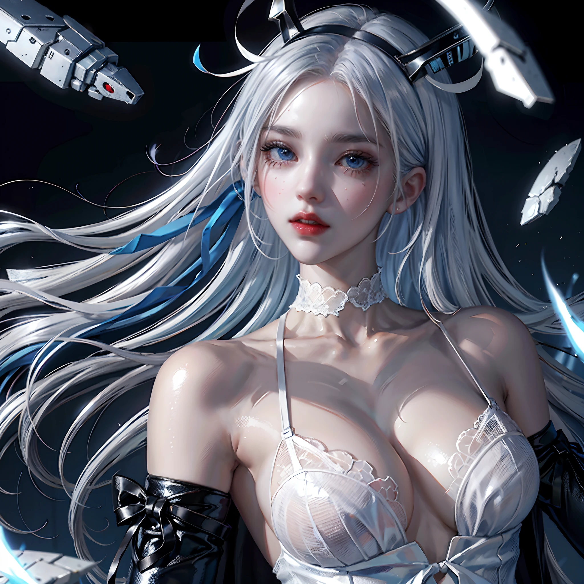 Arad woman with blue hair and white shirt poses for a photo,JK school uniform, ahegao, ahegao face, Anime cosplay, white hime cut hairstyle, anime-inspired, pale young ghost girl, girls frontline style, long white hair, Girl silver hair, hair whitebangs hair, wig, cosplay, Silver hair girl, ayanami,White transparent lace,stocklings --auto