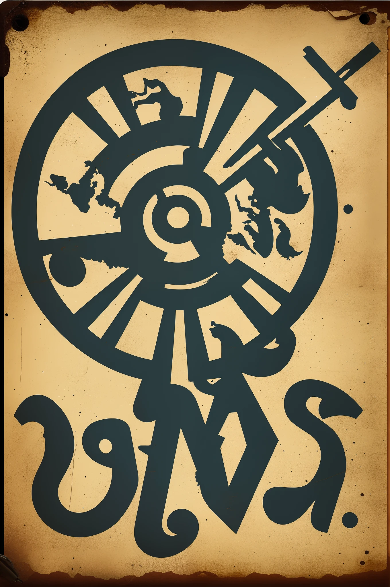 corroded metal road sign Yoga Studios: iconografia "Aviso: estou meditando" of an old man with a shotgun and a retro graphic gun from the 1950s, poster, tipografia, English words