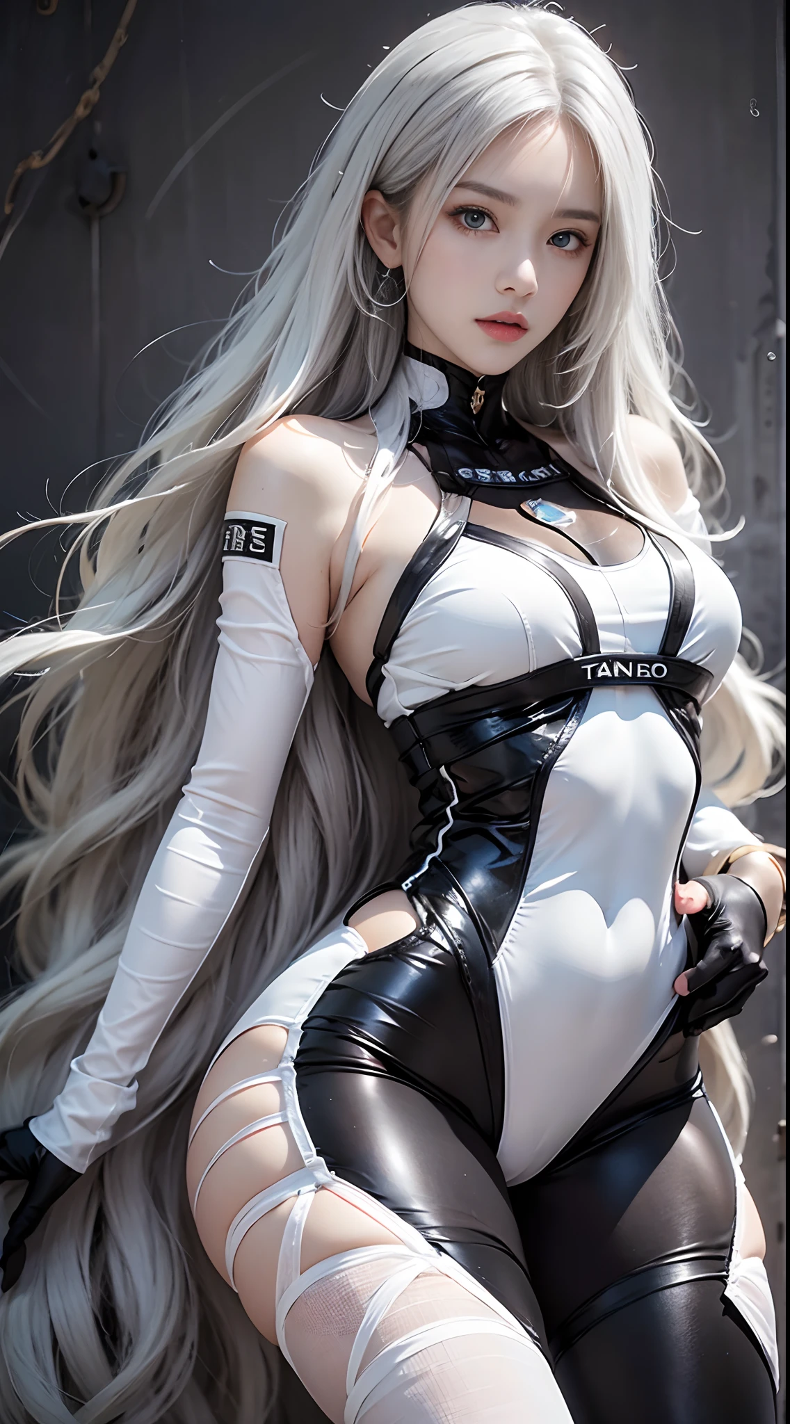 Photorealistic, high resolution, 1 woman, full body, Beautiful eyes, Long hair, ringed eyes, white hair, jewelry, yui takamura, bodysuit