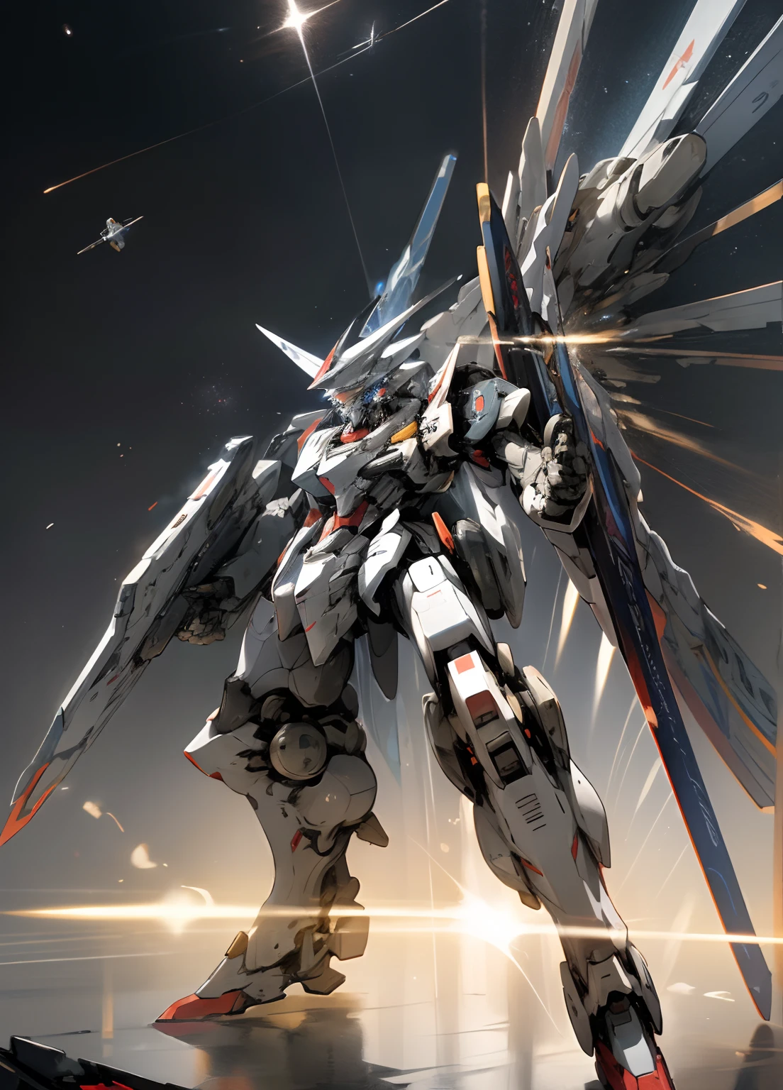Surrealism, ray tracing, UHD, high details, 8k, best quality, textured skin, Gundam mech, mech ship, masterpiece, best quality, mecha, unmanned, (full body), (white mech: 1.8), (axisymmetry: 1.4), (HDR), (movie light: 1.1), white eyes, cool, science fiction, fire, laser cannon beam, war, conflict, Space looking down on the background of the earth with weapons in hand, (holding huge weapons: 1.5), holding oversized shields, mecha men,