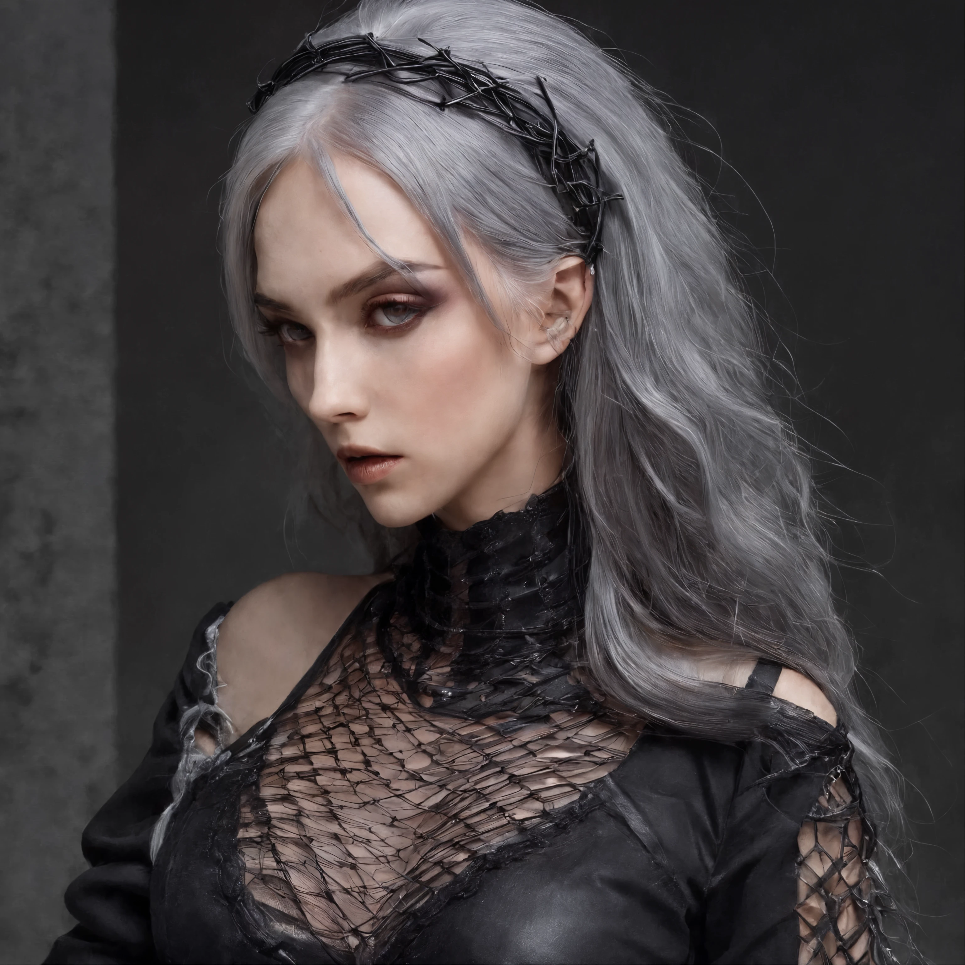 Girl in symbolic clothes of Gothic net, 。.。.com (Barbed wire for the body) brunette color hair,Gray hair ends